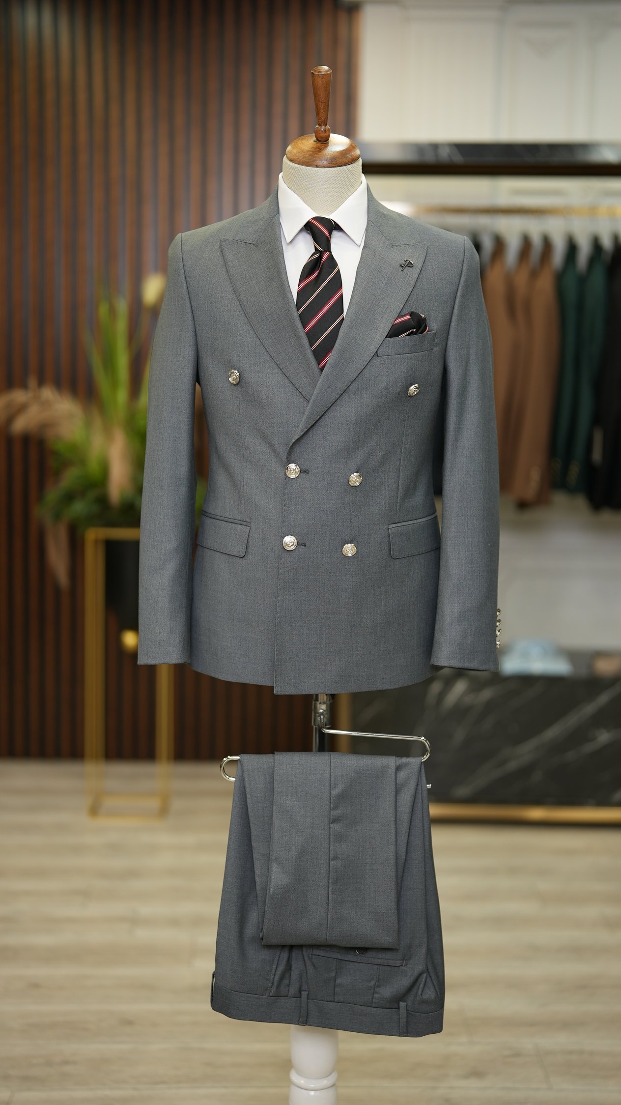 Slim Fit Kruvaze Takım Elbise Ceket Pantolon - Gri