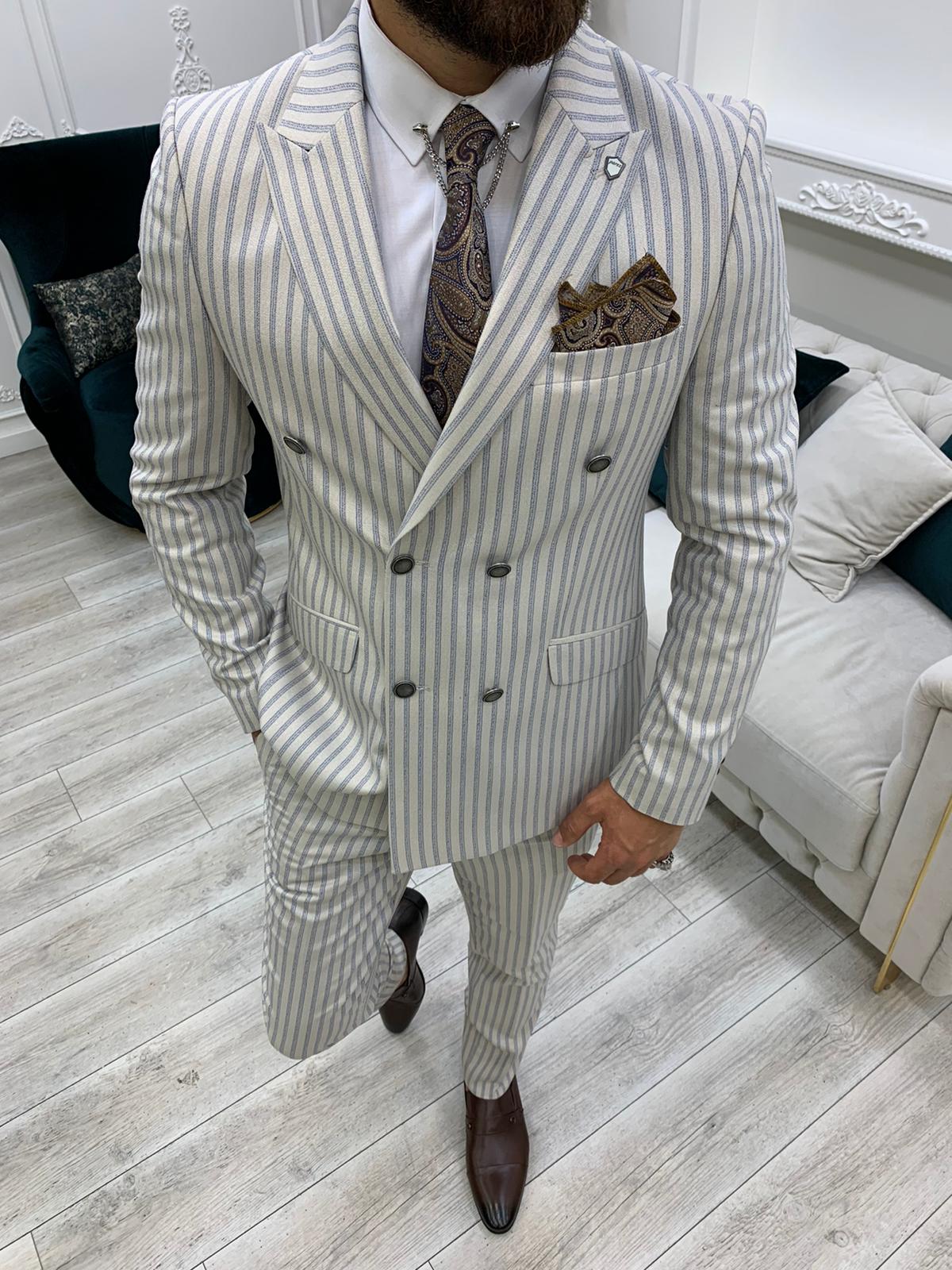 Slim Fit  Kruvaze Takım Elbise Ceket Pantolon - Bej