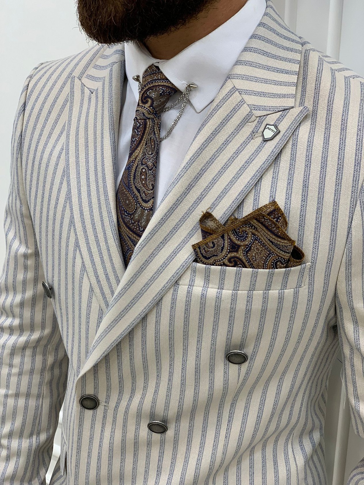 Slim Fit  Kruvaze Takım Elbise Ceket Pantolon - Bej
