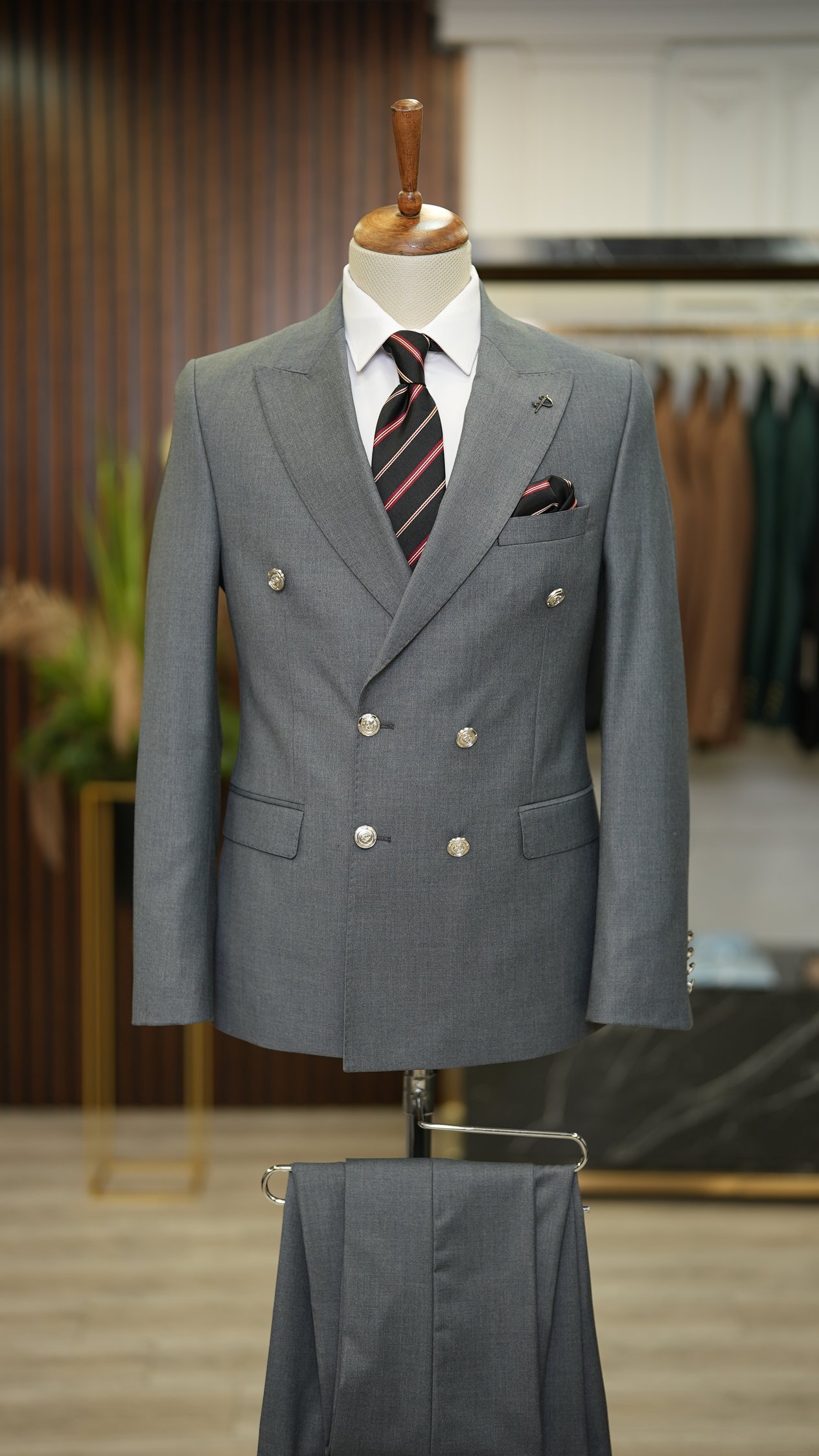 Slim Fit Kruvaze Takım Elbise Ceket Pantolon - Gri