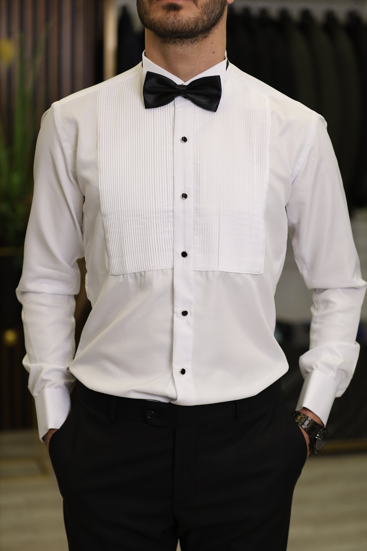 Slim Fit Pliseli Damatlık Gömlek - Beyaz