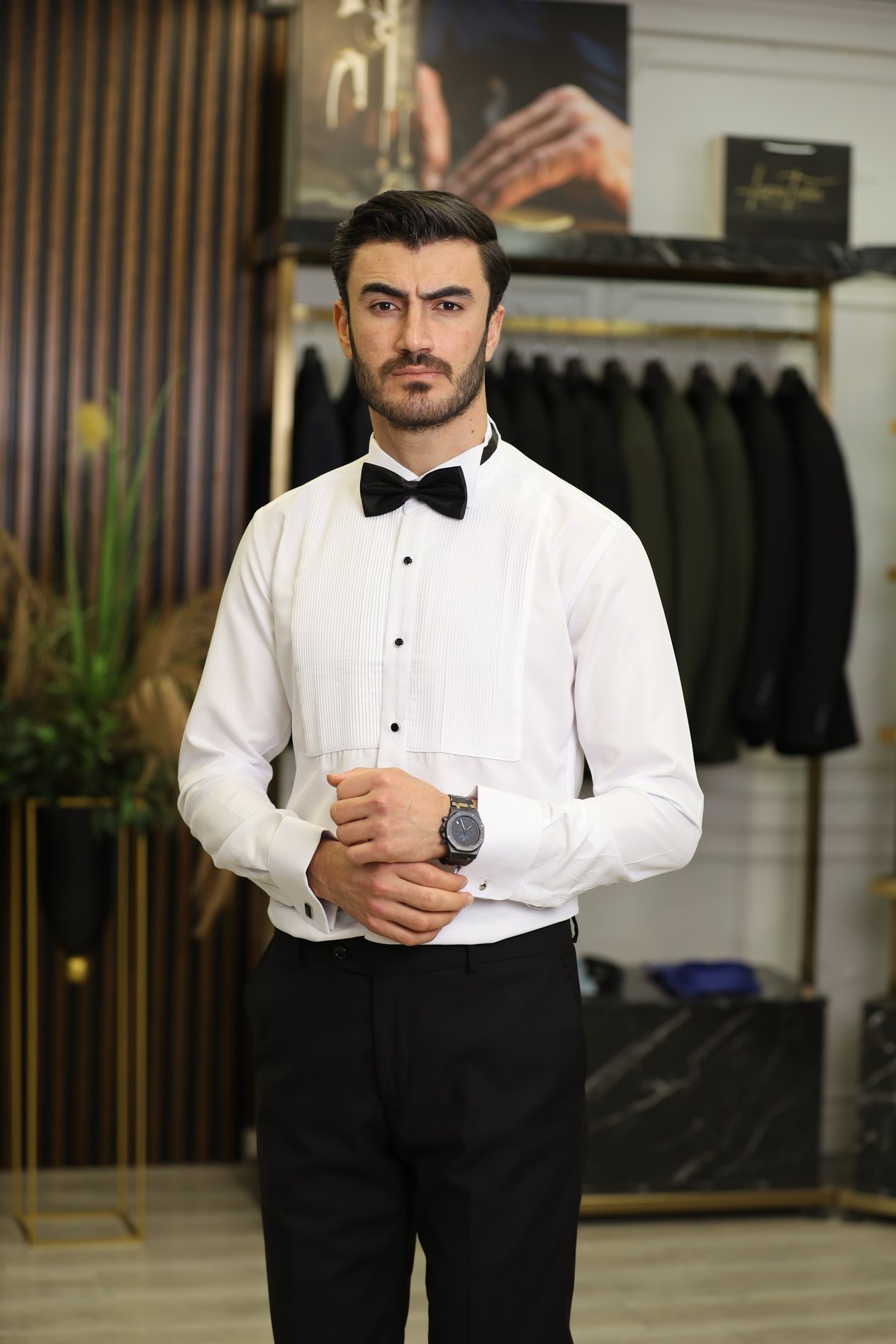 Slim Fit Pliseli Damatlık Gömlek - Beyaz