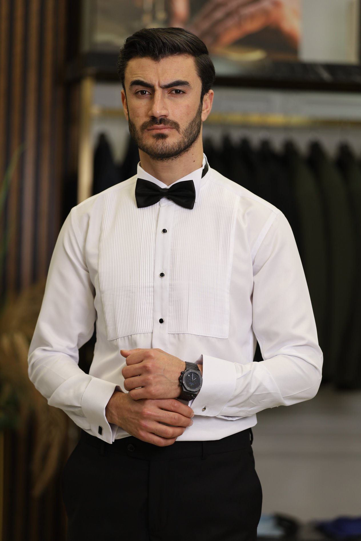 Slim Fit Pliseli Damatlık Gömlek - Beyaz