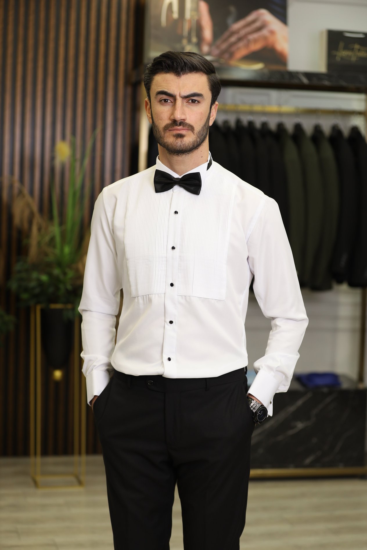 Slim Fit Pliseli Damatlık Gömlek - Beyaz