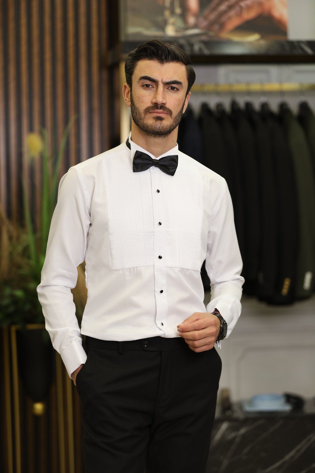 Slim Fit Pliseli Damatlık Gömlek - Beyaz
