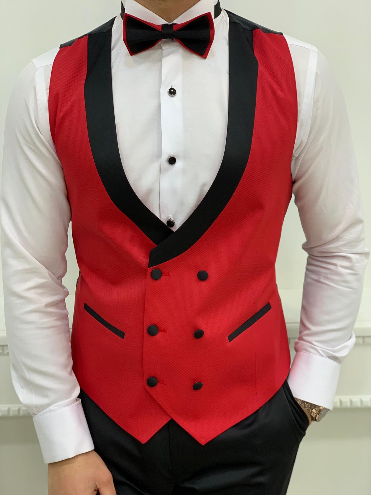 Slim Fit Smokin Damatlık Ceket Yelek Pantolon Papyon - Kırmızı