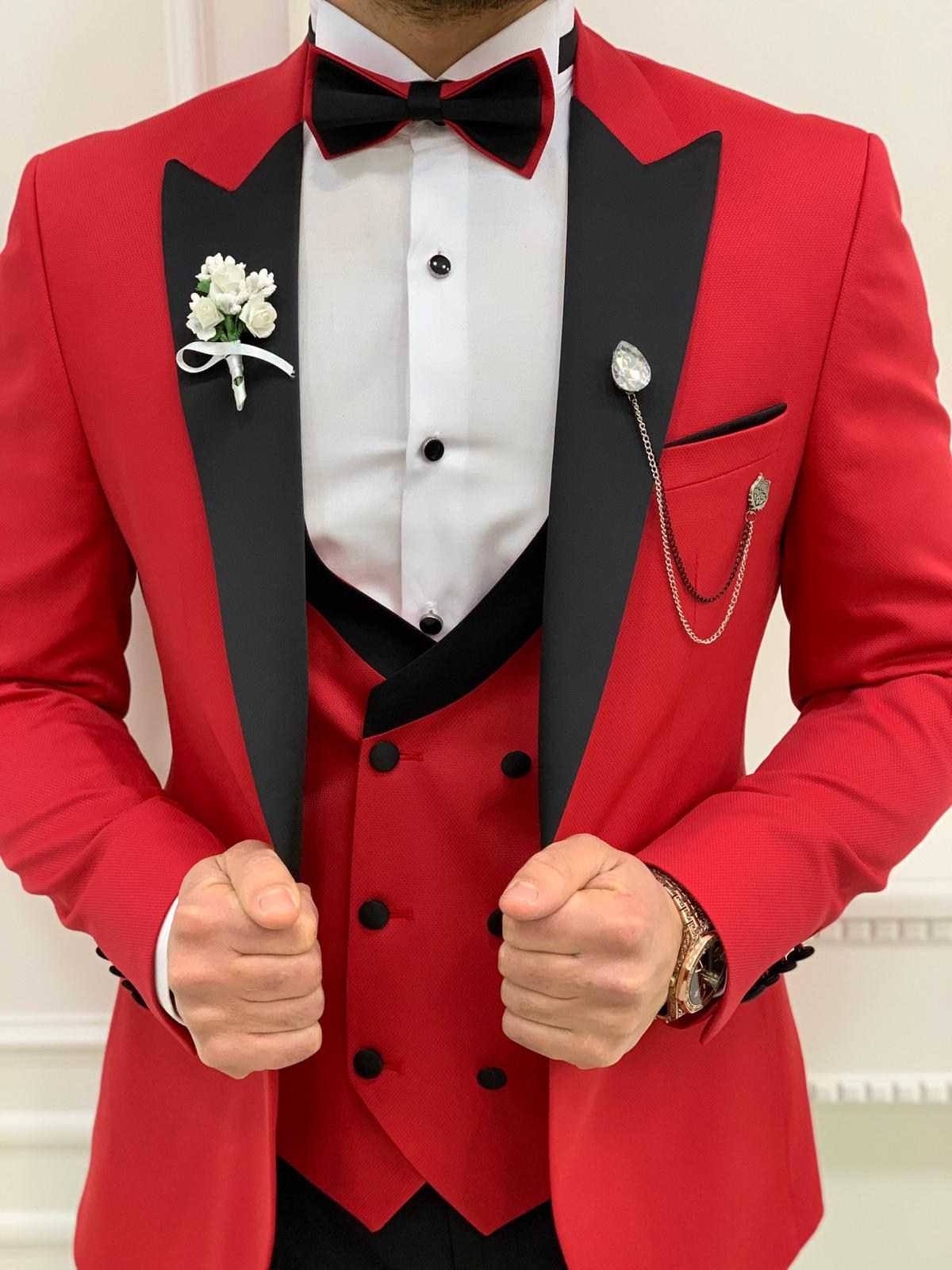 Slim Fit Smokin Damatlık Ceket Yelek Pantolon Papyon - Kırmızı