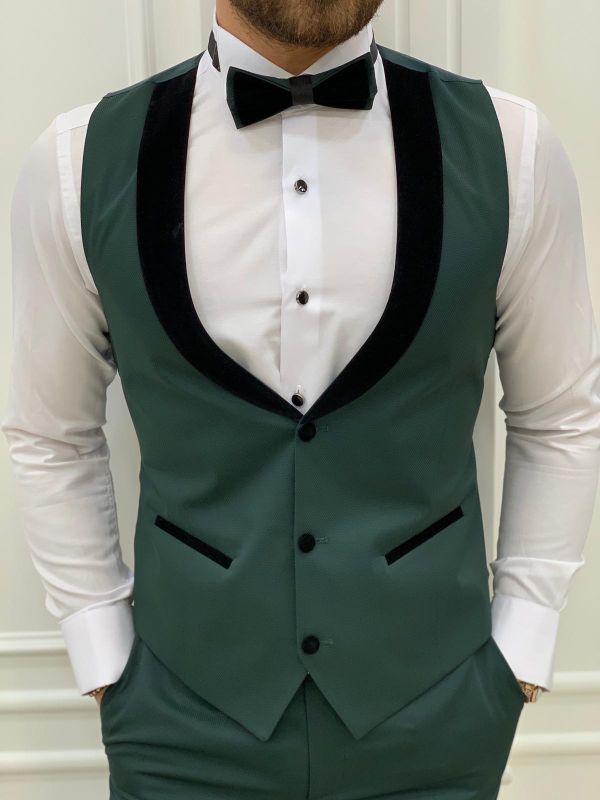Slim Fit Smokin Damatlık Ceket Yelek Pantolon Papyon - Yeşil