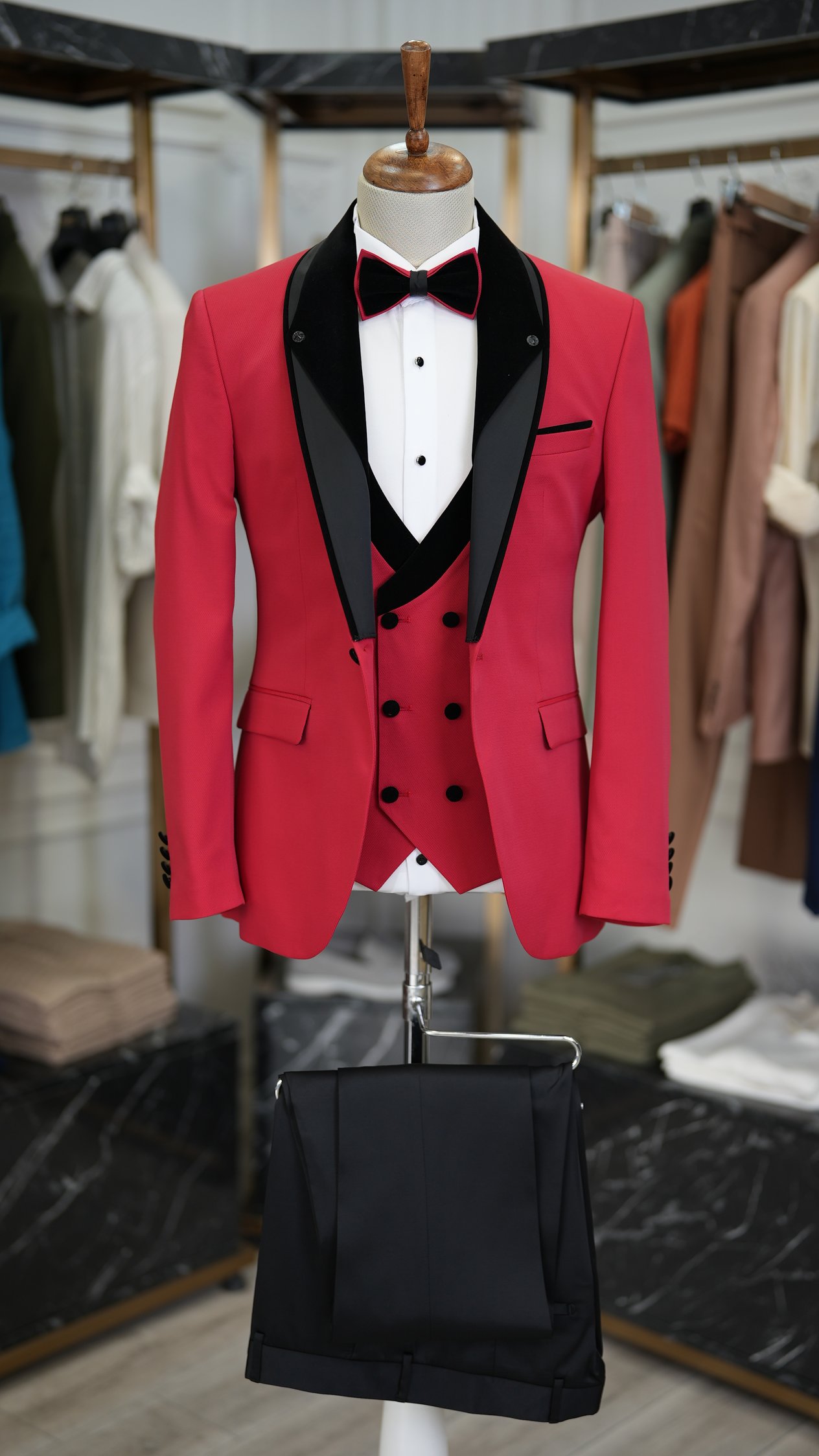 Slim Fit Smokin Damatlık Ceket Yelek Pantolon Papyon - Kırmızı