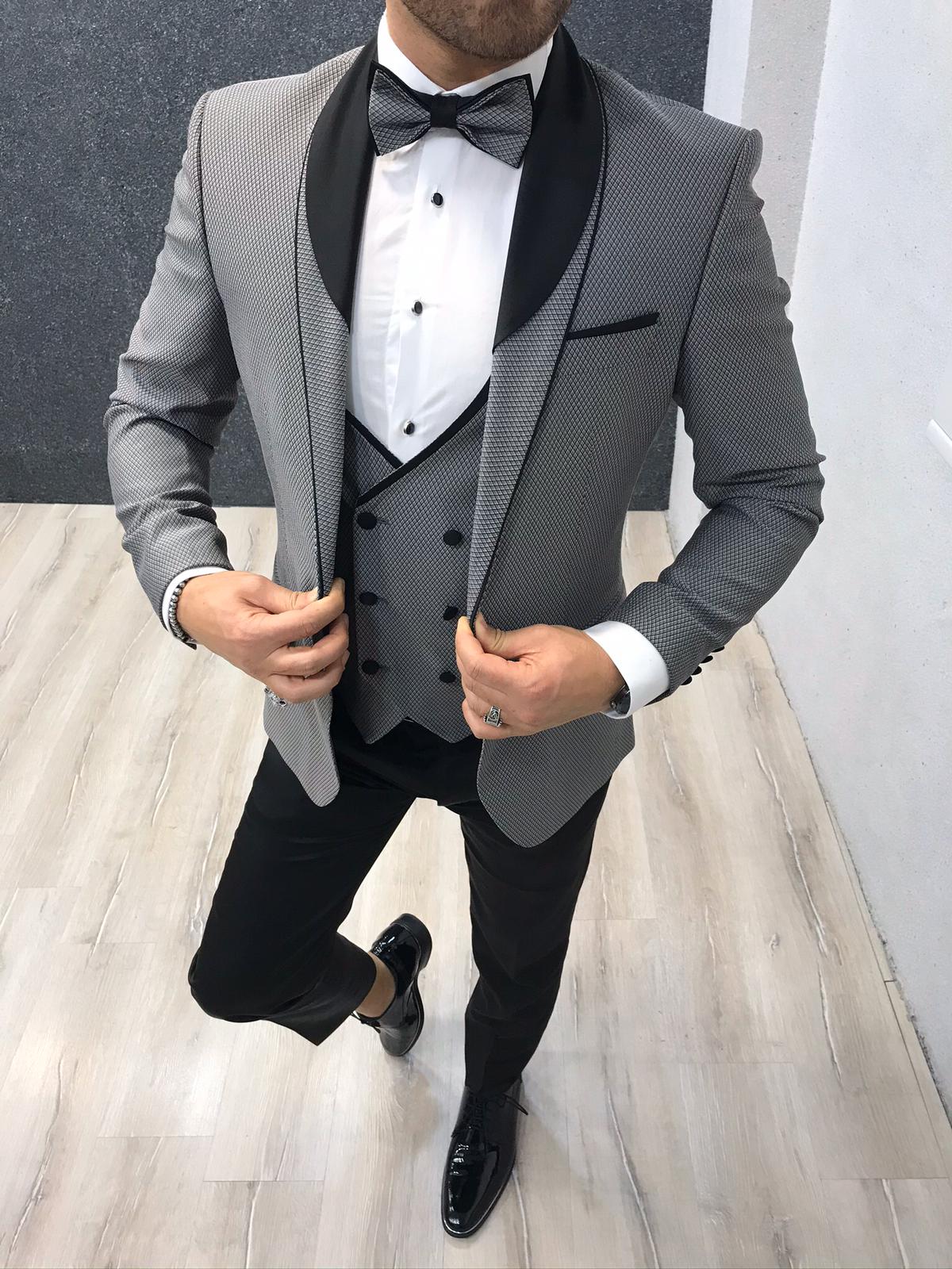 Slim Fit Smokin Damatlık Ceket Yelek Pantolon Papyon - Gri