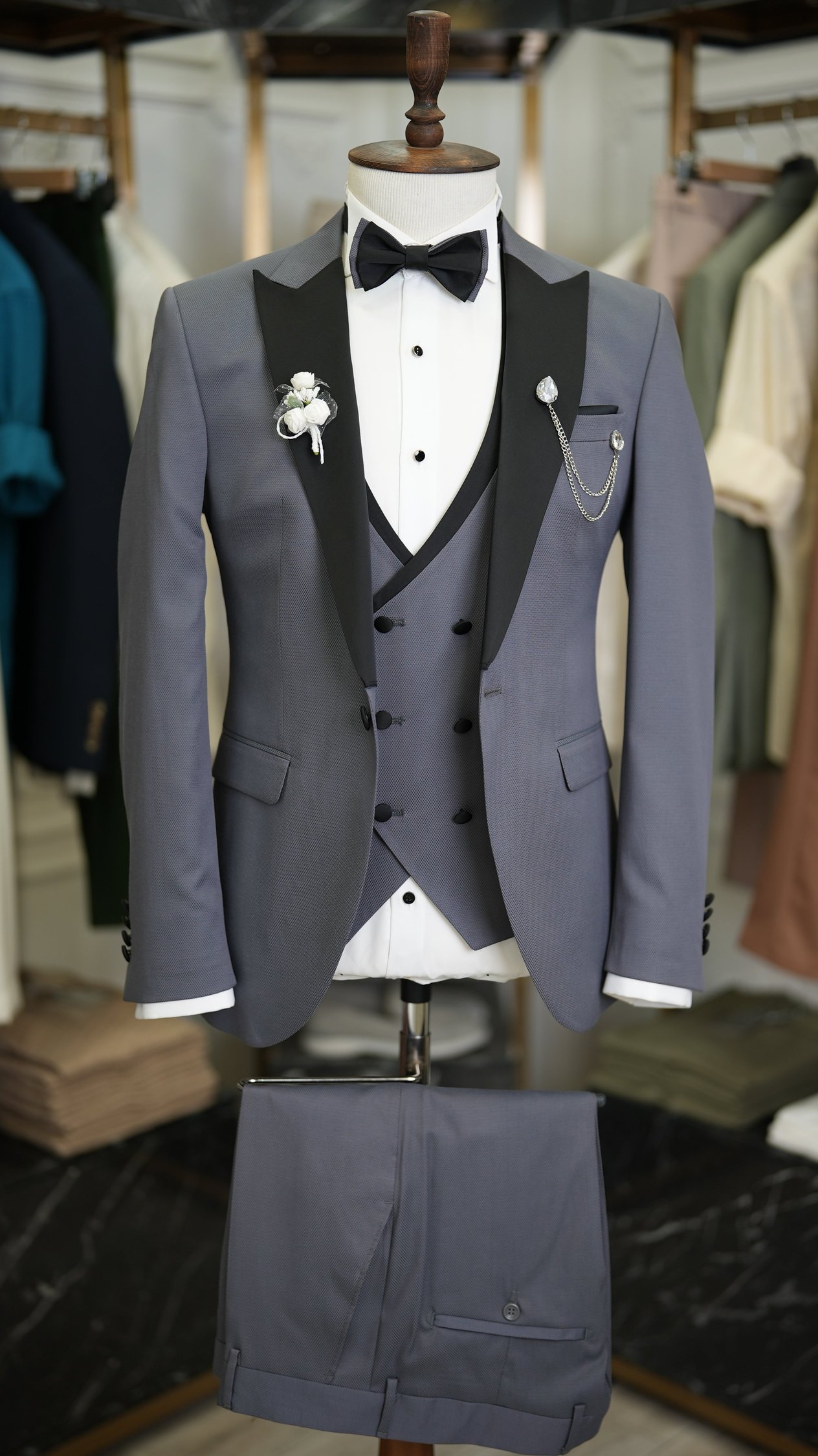Slim Fit Smokin Damatlık Ceket Yelek Pantolon Papyon - Gri