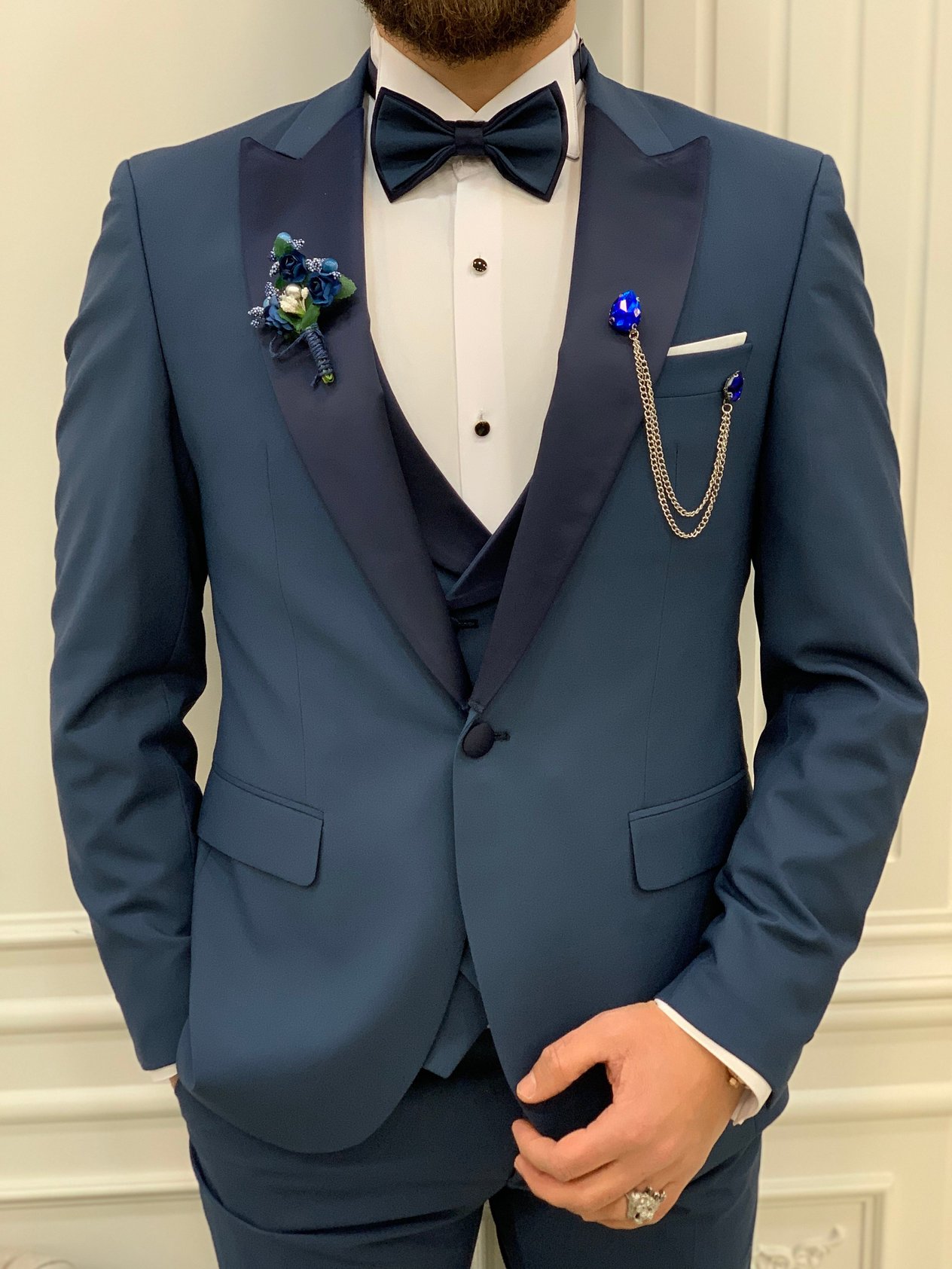 Slim Fit Smokin Damatlık Ceket Yelek Pantolon Papyon - İndigo