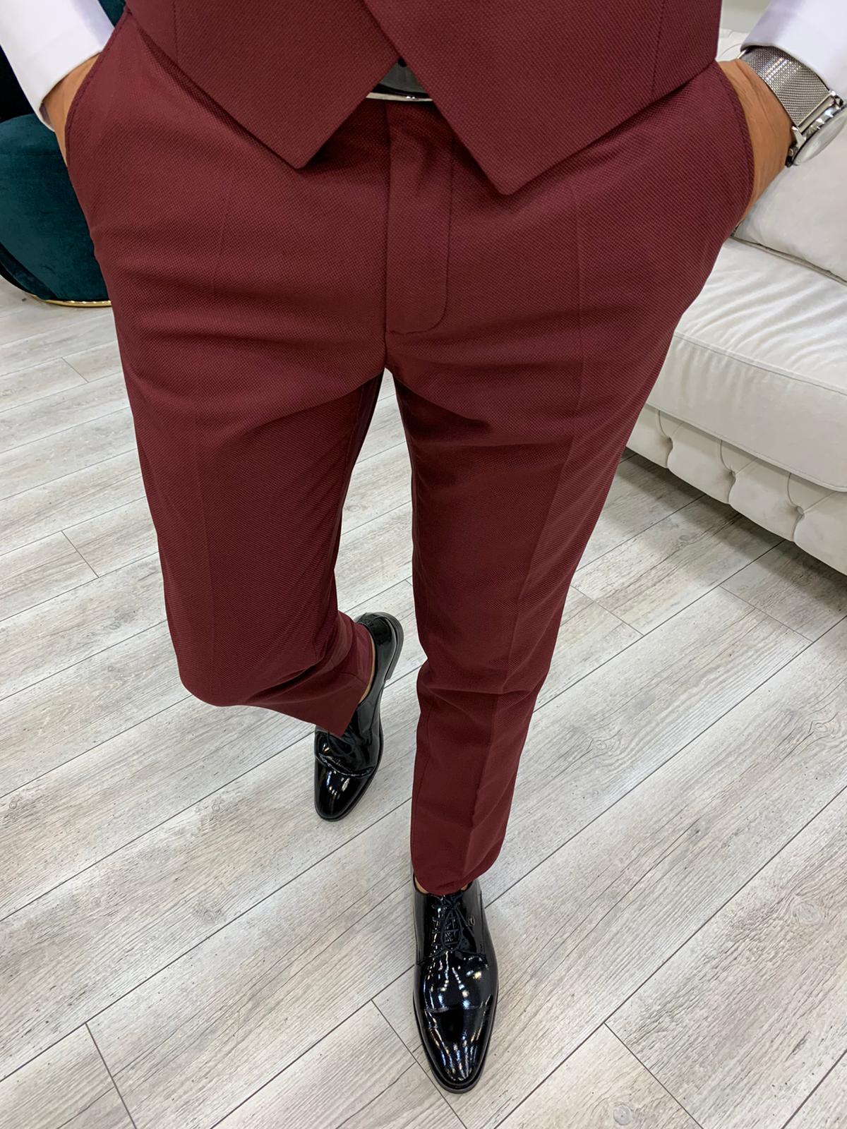 Slim Fit Smokin Damatlık Ceket Yelek Pantolon Papyon - Bordo