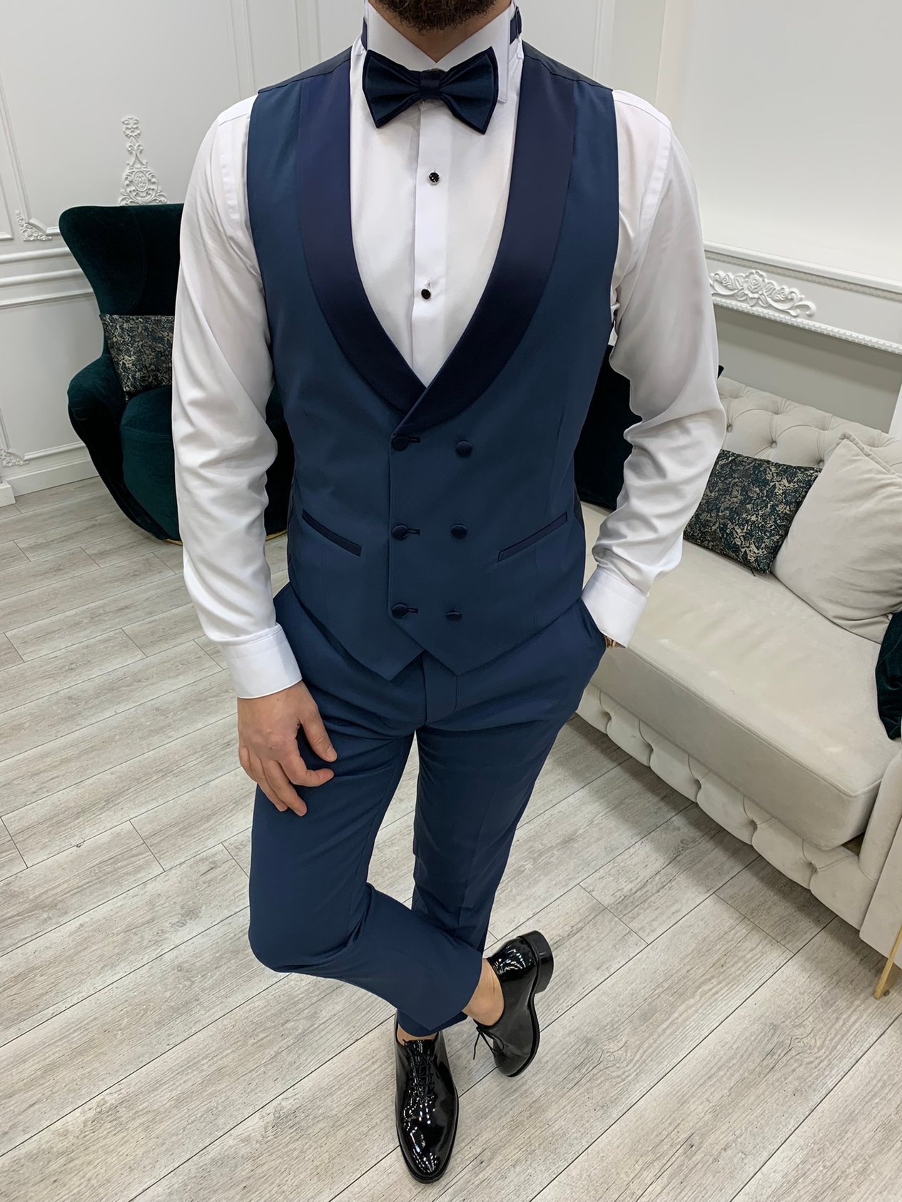 Slim Fit Smokin Damatlık Ceket Yelek Pantolon Papyon - İndigo