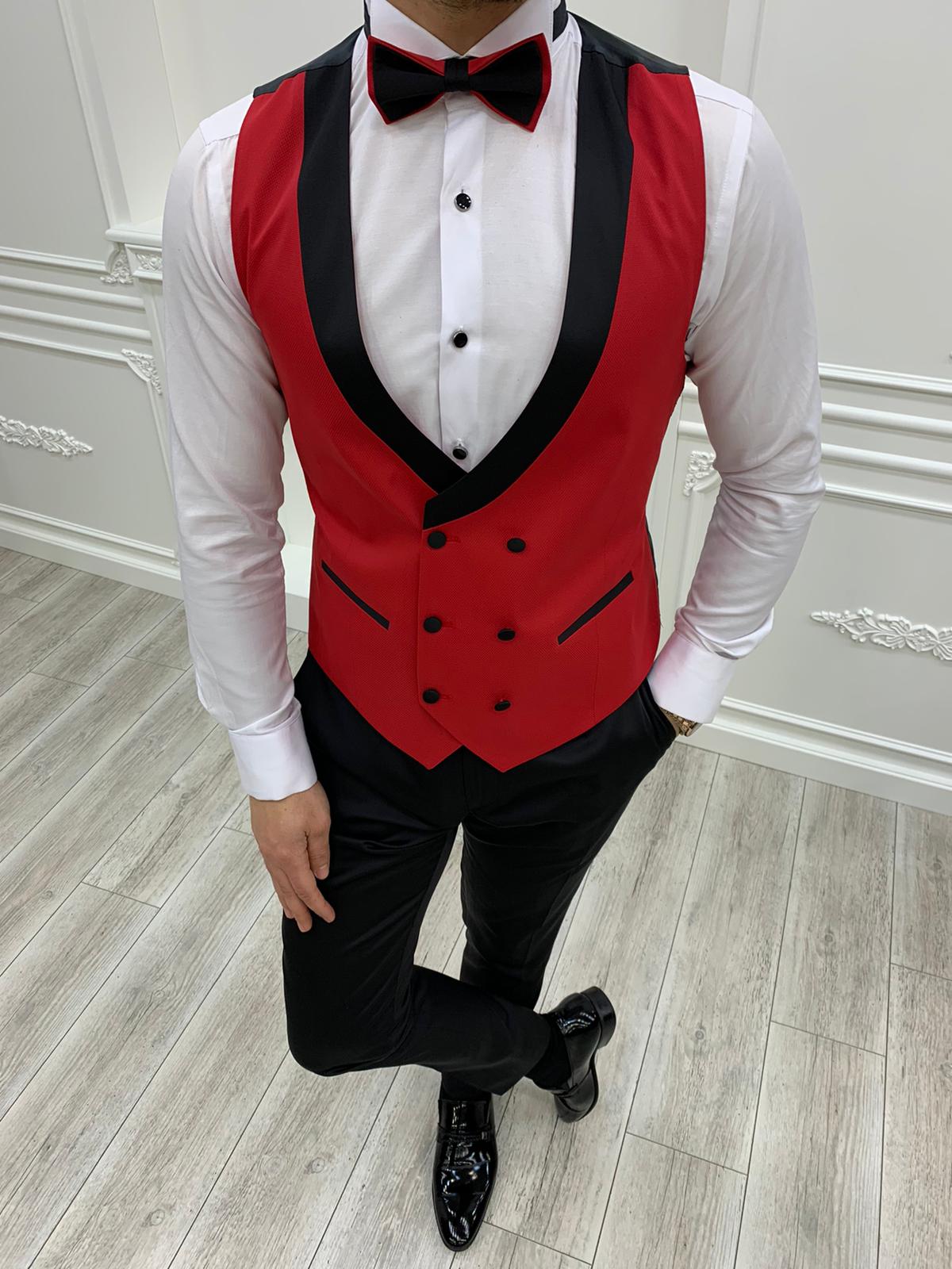 Slim Fit Smokin Damatlık Ceket Yelek Pantolon Papyon - Kırmızı