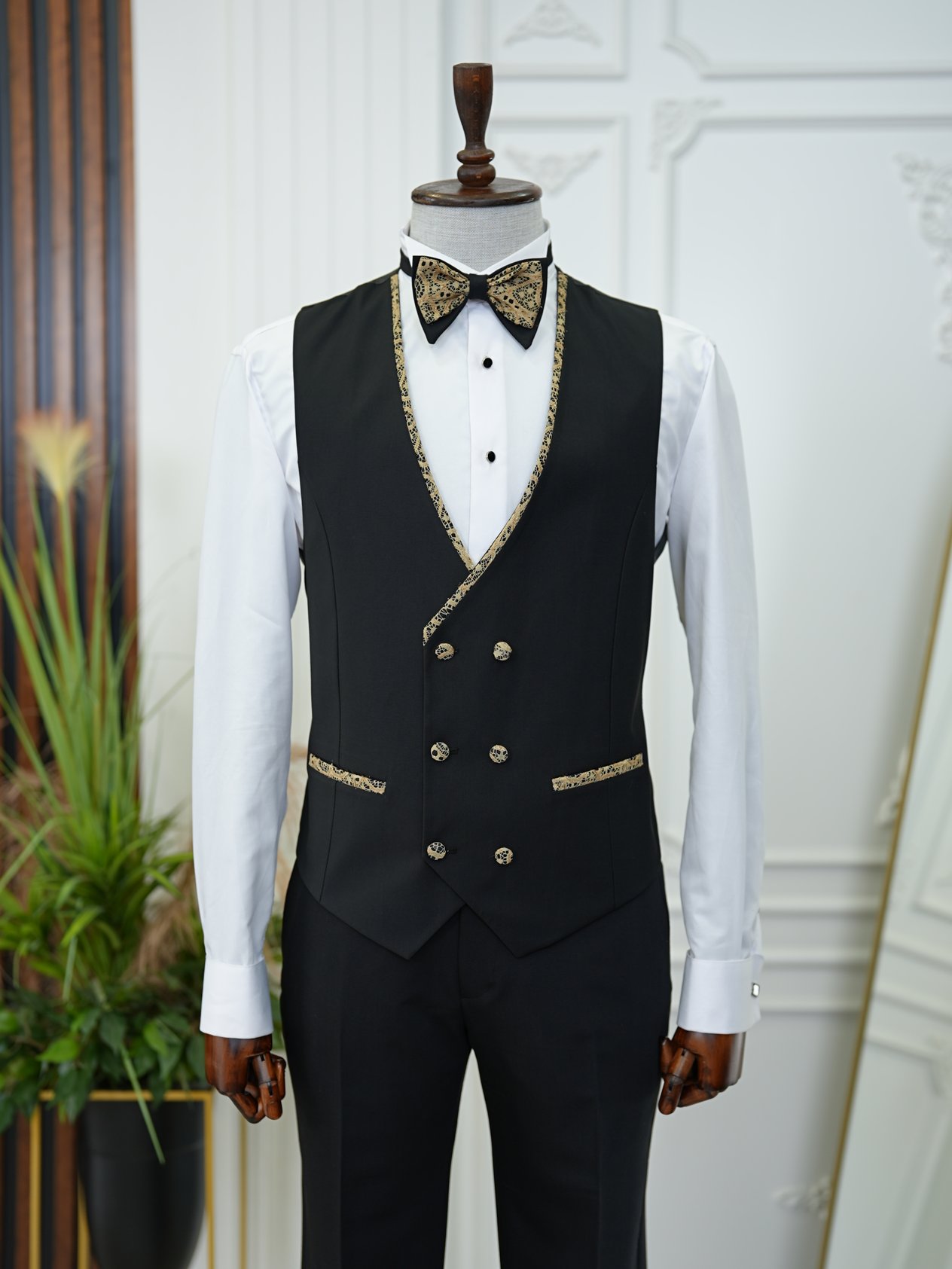 Slim Fit Smokin Damatlık Ceket Yelek Pantolon Papyon-Sarı