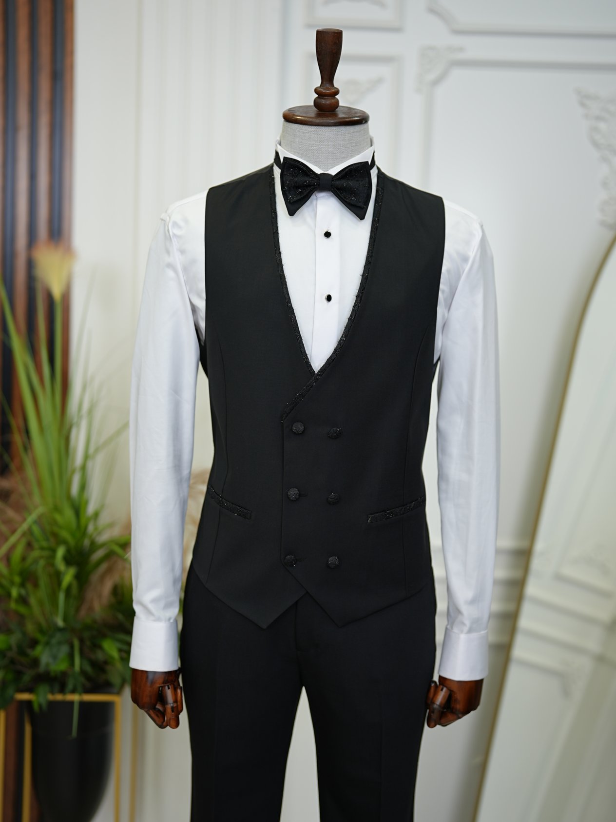 Slim Fit Tuxedo Groom Suit Jacket Vest Trousers Bow Tie - Black