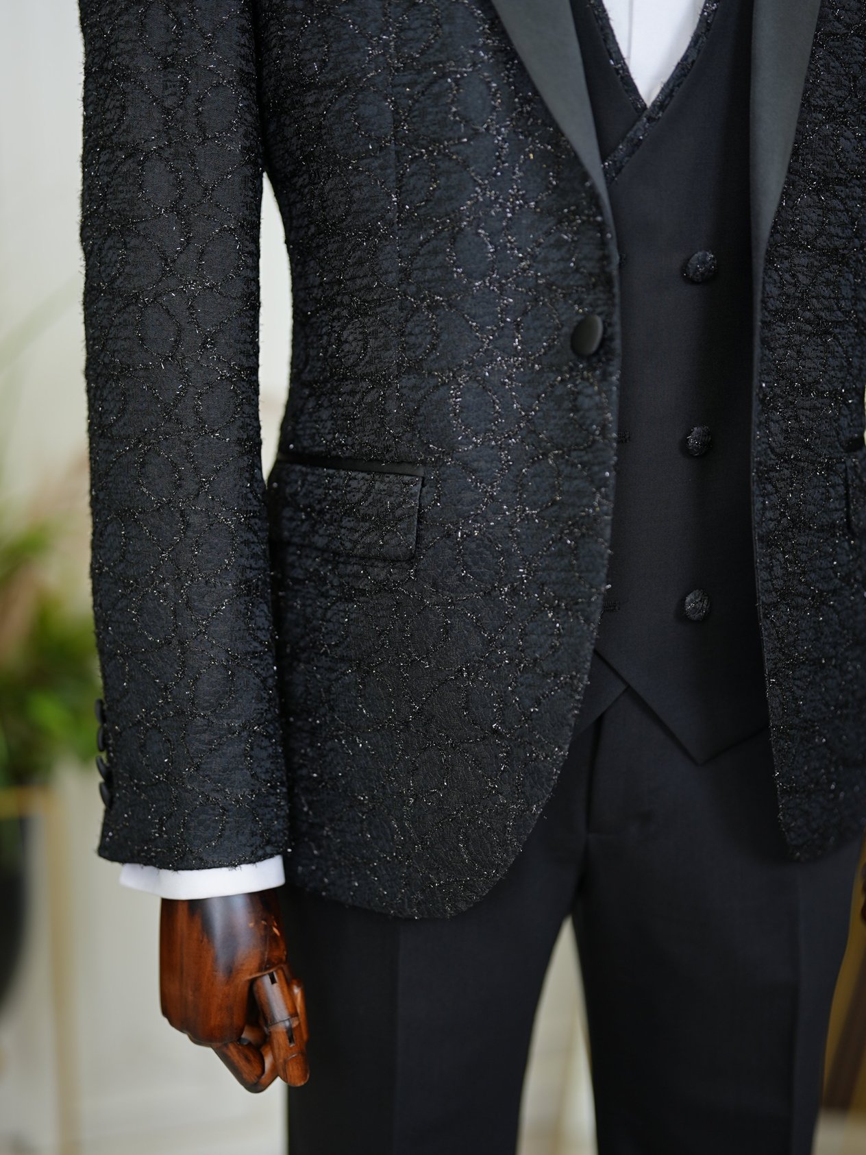 Slim Fit Tuxedo Groom Suit Jacket Vest Trousers Bow Tie - Black