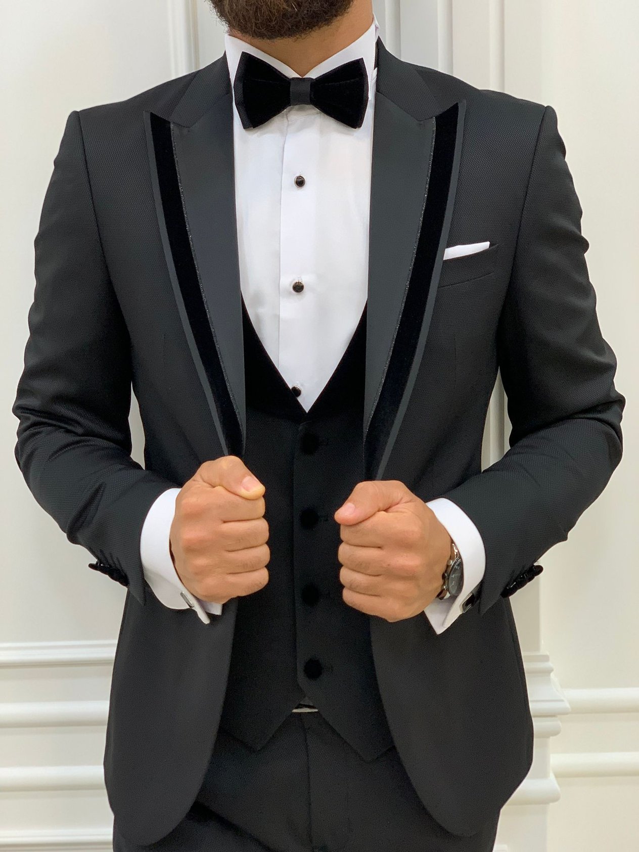 Slim Fit Smokin Damatlık Ceket Yelek Pantolon Papyon - Siyah