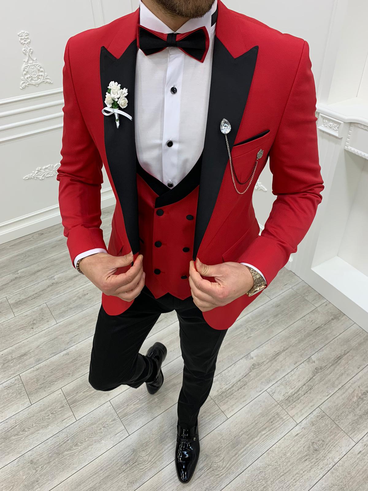 Slim Fit Smokin Damatlık Ceket Yelek Pantolon Papyon - Kırmızı