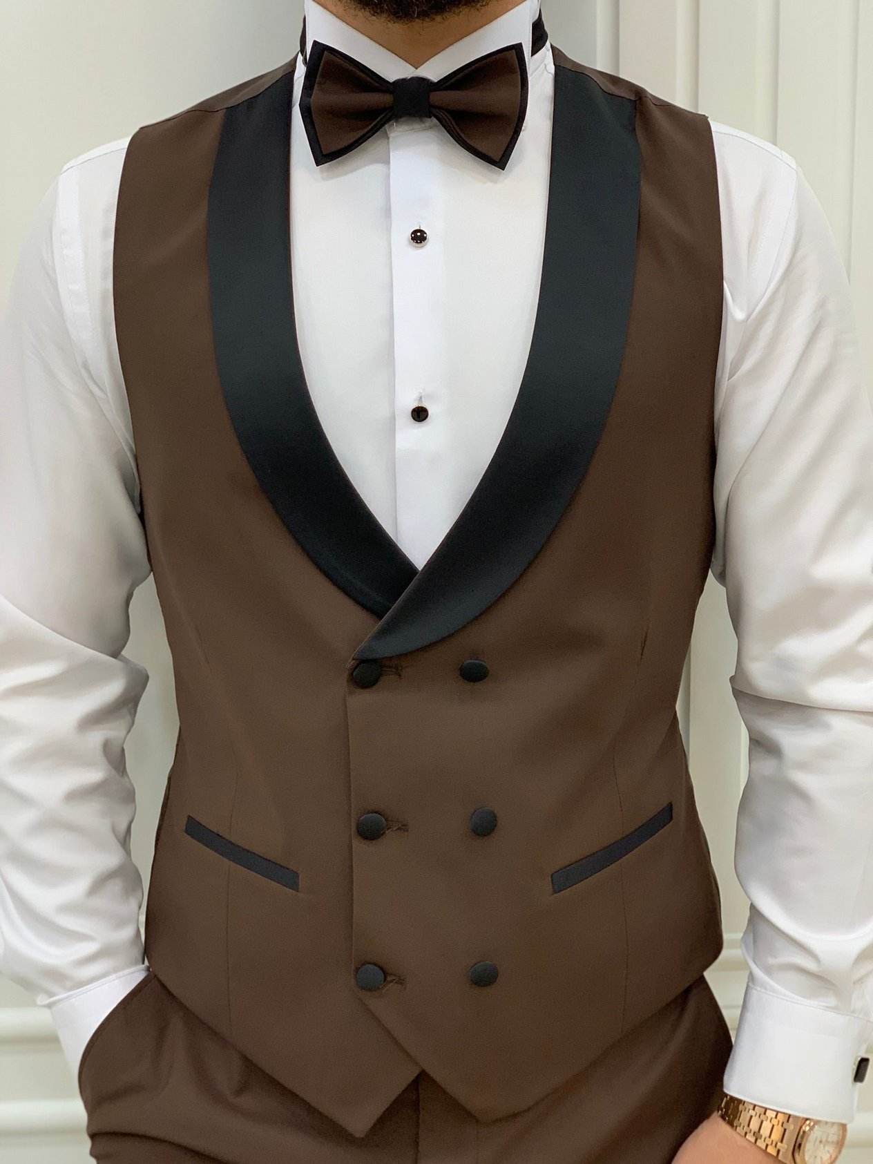 Slim Fit Smokin Damatlık Ceket Yelek Pantolon Papyon - Acı Kahve