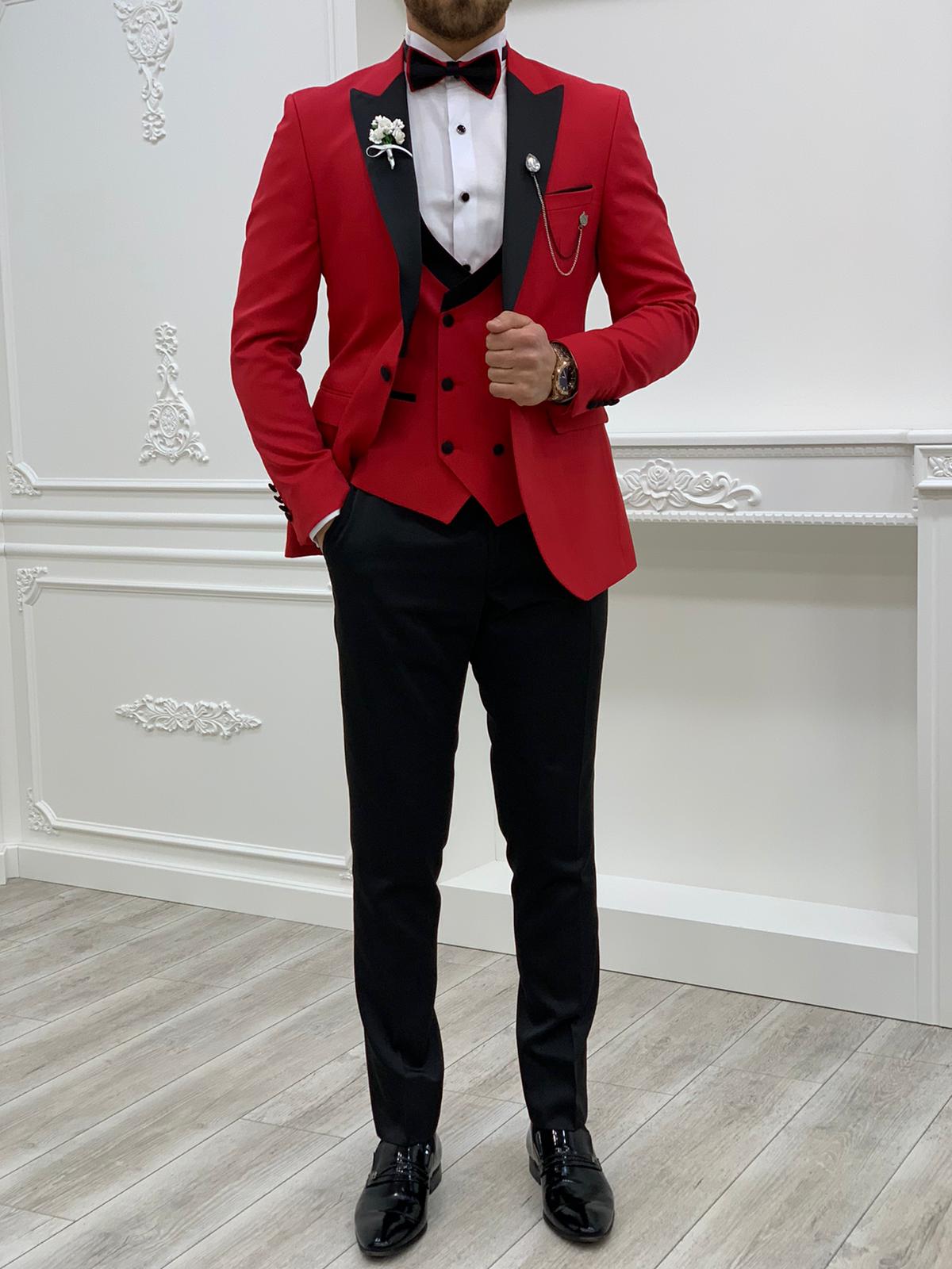 Slim Fit Smokin Damatlık Ceket Yelek Pantolon Papyon - Kırmızı