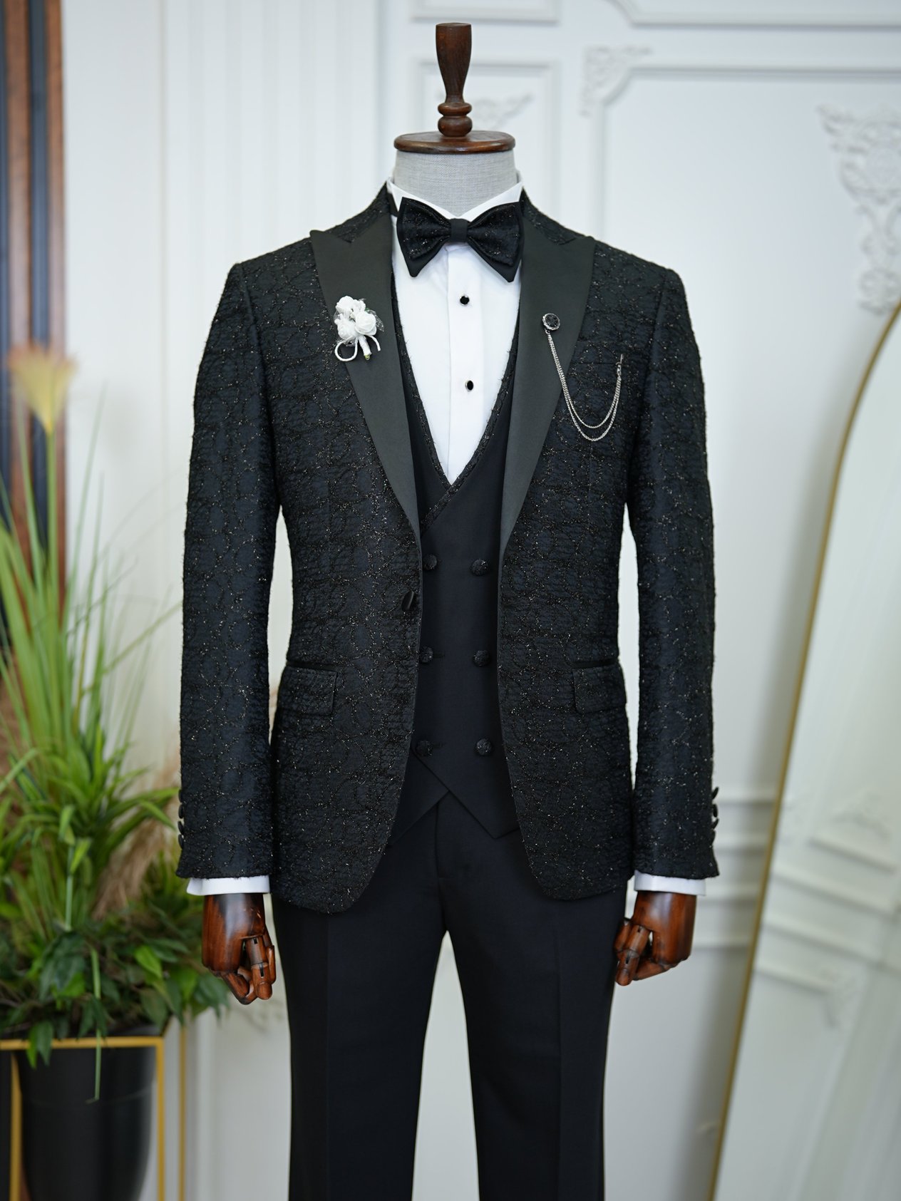 Slim Fit Tuxedo Groom Suit Jacket Vest Trousers Bow Tie - Black