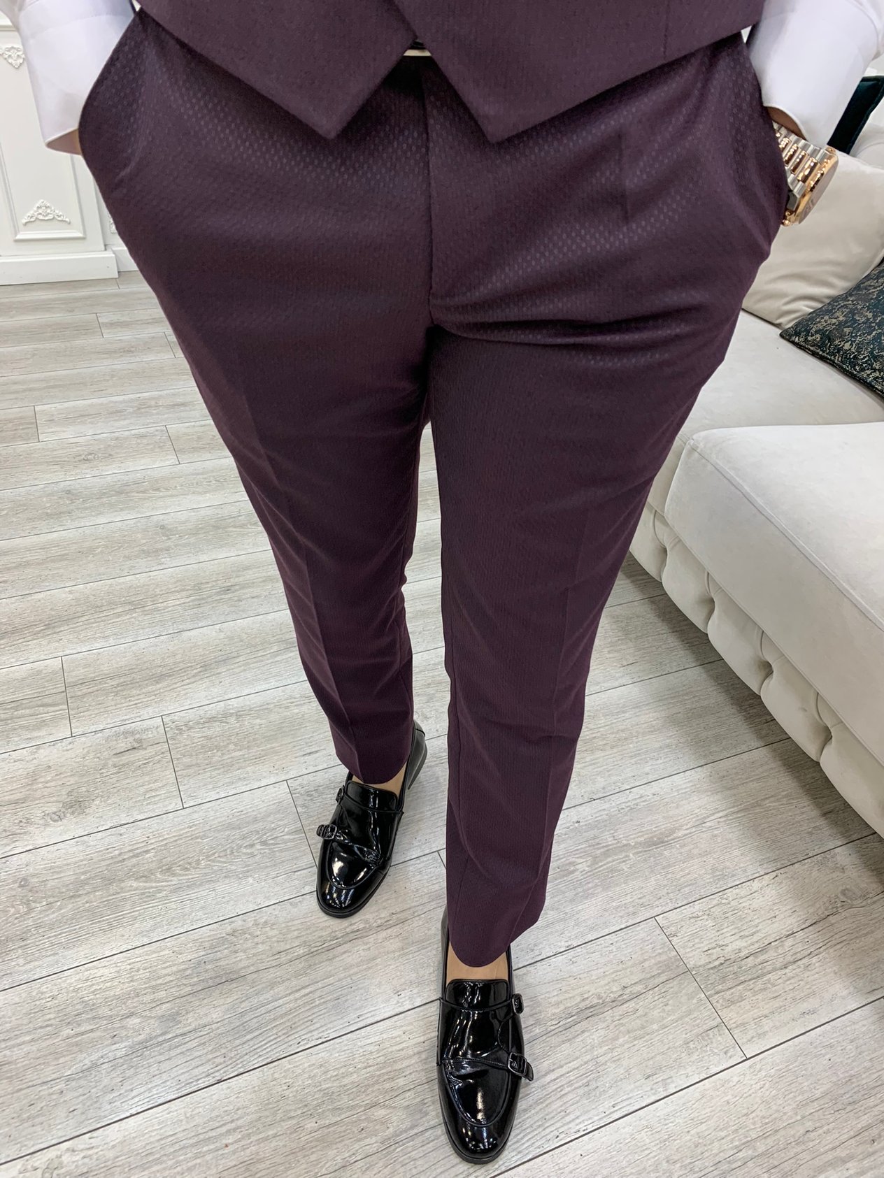 Slim Fit Smokin Damatlık Ceket Yelek Pantolon Papyon - Mor