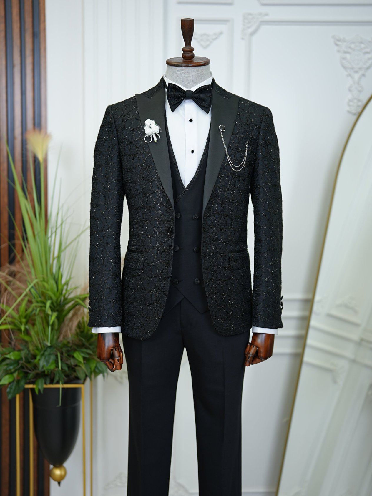 Slim Fit Tuxedo Groom Suit Jacket Vest Trousers Bow Tie - Black
