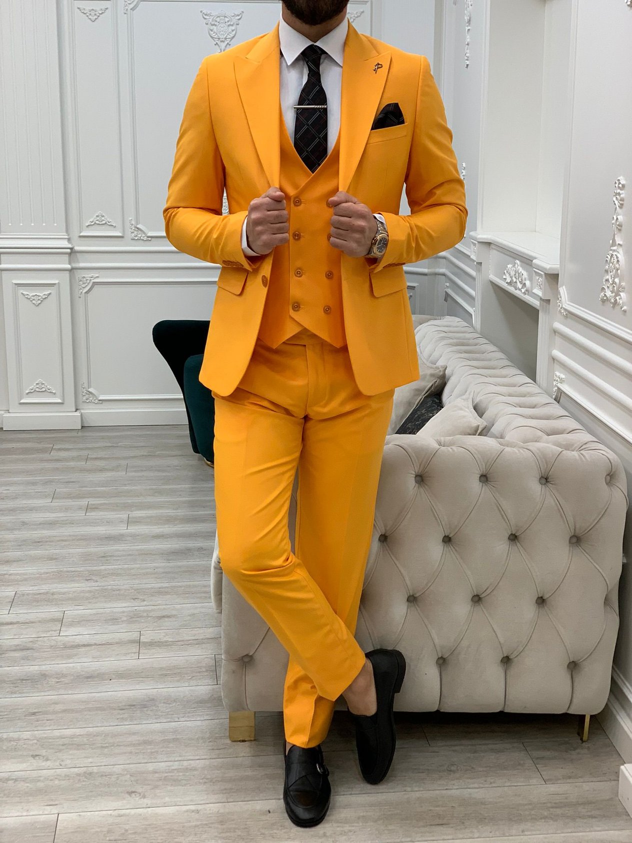 Slim Fit Takım Elbise Ceket Yelek Pantolon - Sarı
