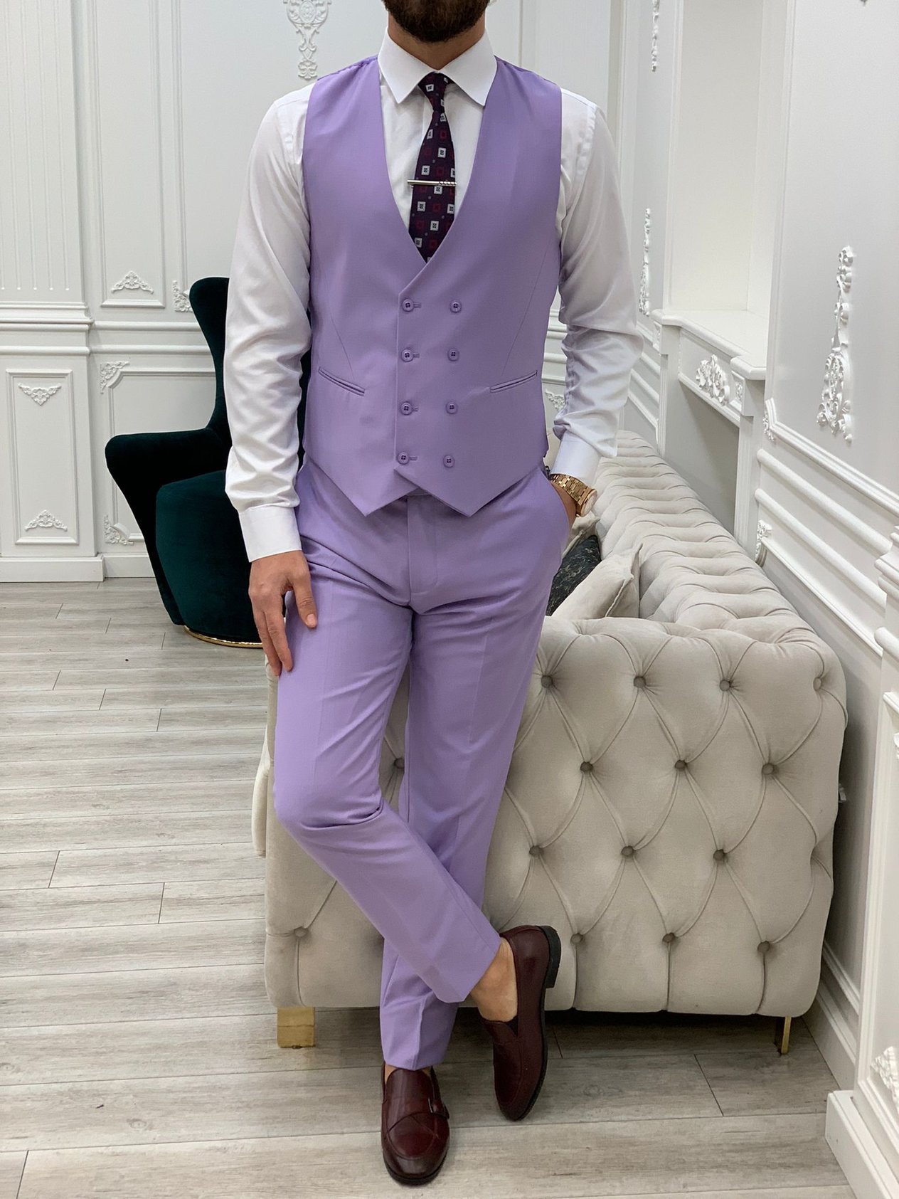 Slim Fit Takım Elbise Ceket Yelek Pantolon - Mor