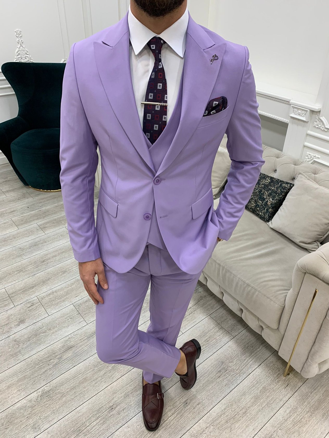 Slim Fit Takım Elbise Ceket Yelek Pantolon - Mor