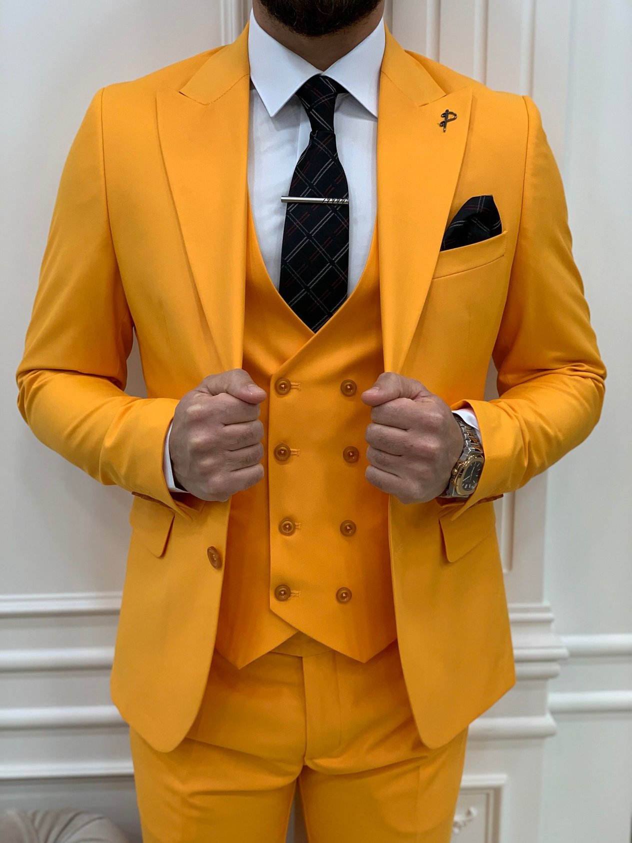Slim Fit Takım Elbise Ceket Yelek Pantolon - Sarı