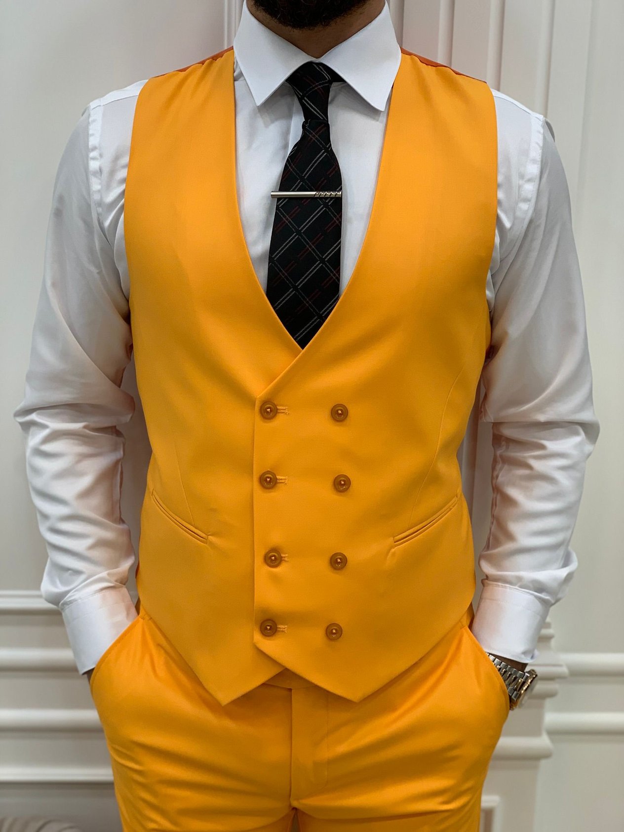 Slim Fit Takım Elbise Ceket Yelek Pantolon - Sarı