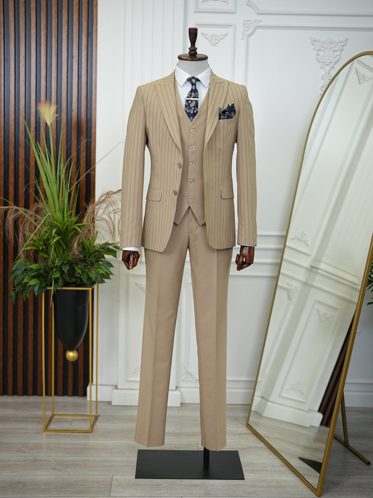 Slim Fit  Takım Elbise Ceket Yelek Pantolon-Krem