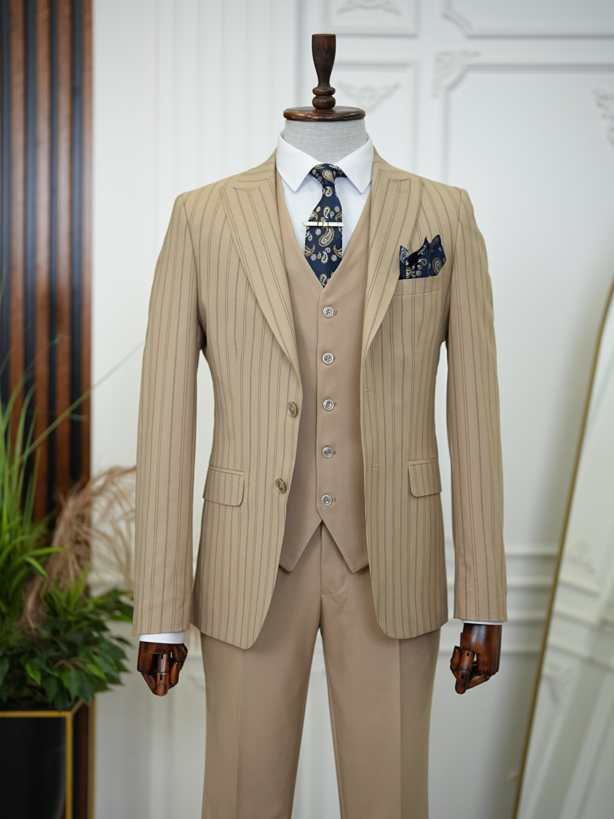 Slim Fit  Takım Elbise Ceket Yelek Pantolon-Krem