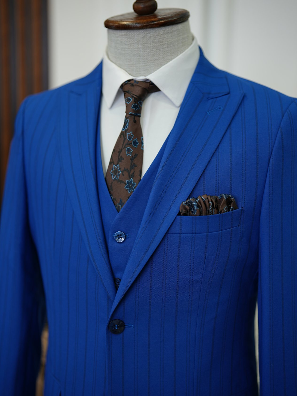 Slim Fit Suit Jacket Vest Trousers - Saks Blue