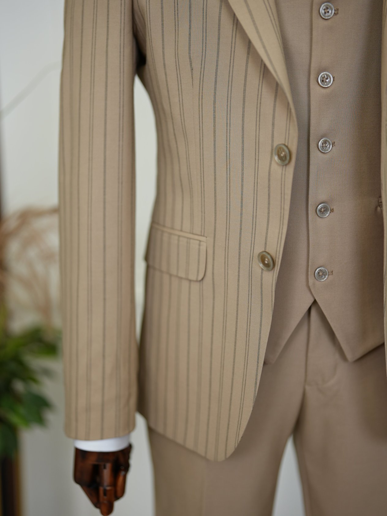 Slim Fit  Takım Elbise Ceket Yelek Pantolon-Krem