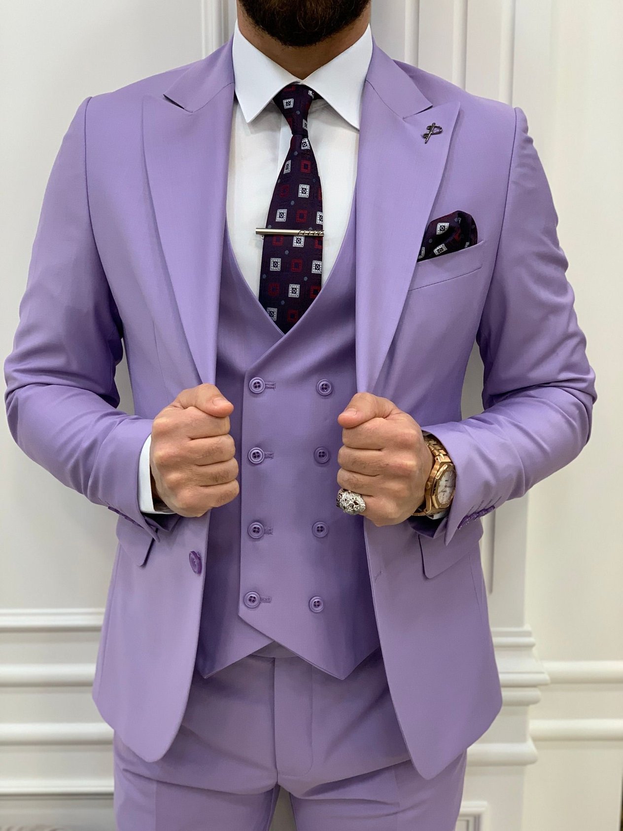 Slim Fit Takım Elbise Ceket Yelek Pantolon - Mor