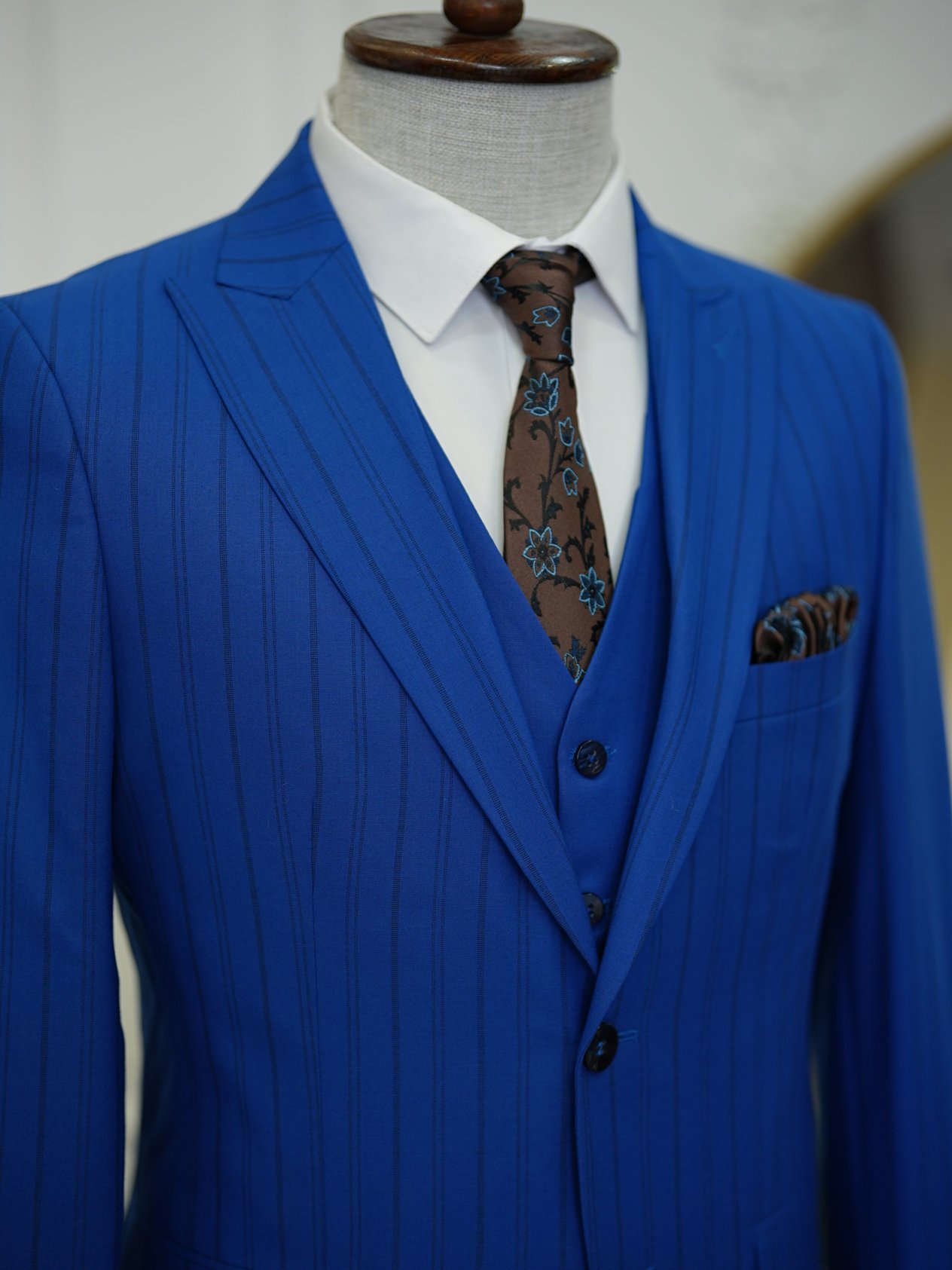 Slim Fit Suit Jacket Vest Trousers - Saks Blue
