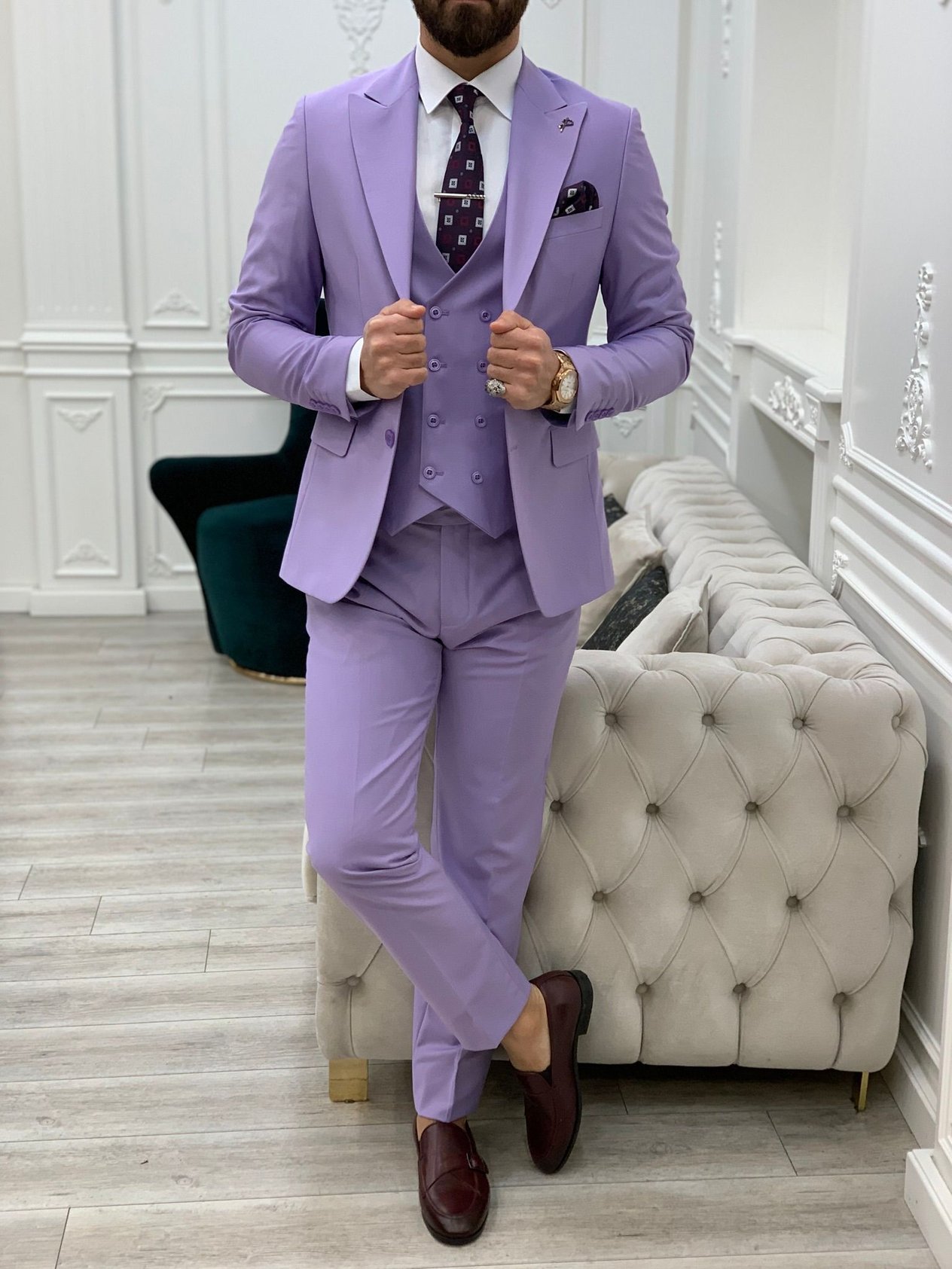 Slim Fit Takım Elbise Ceket Yelek Pantolon - Mor