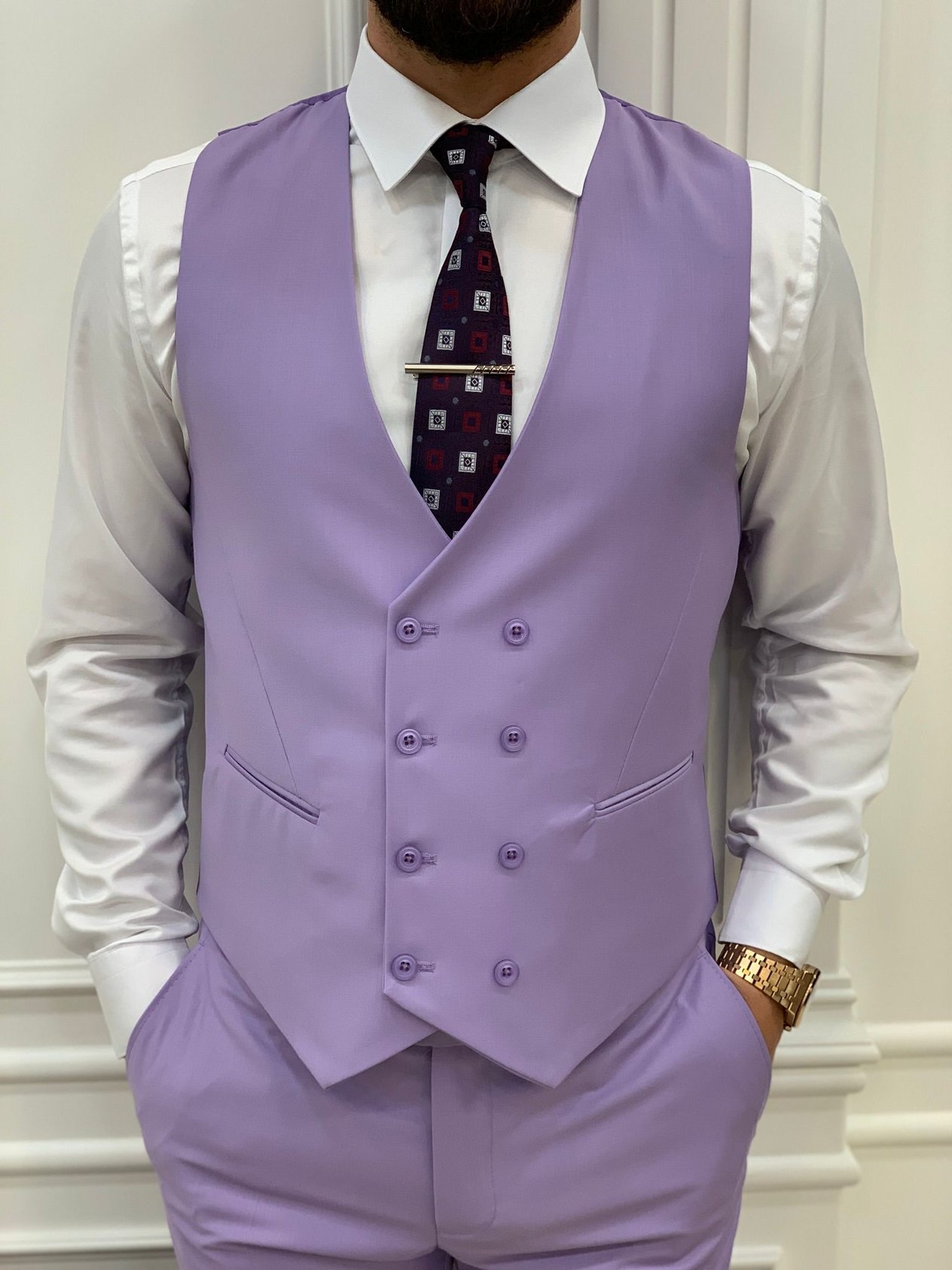 Slim Fit Takım Elbise Ceket Yelek Pantolon - Mor
