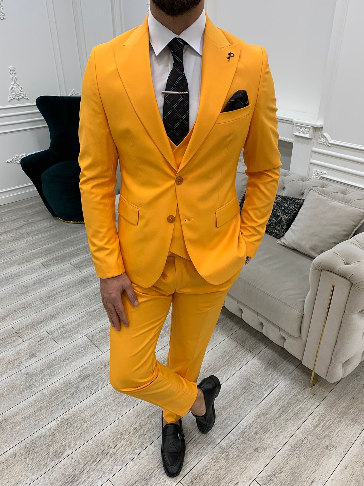 Slim Fit Takım Elbise Ceket Yelek Pantolon - Sarı