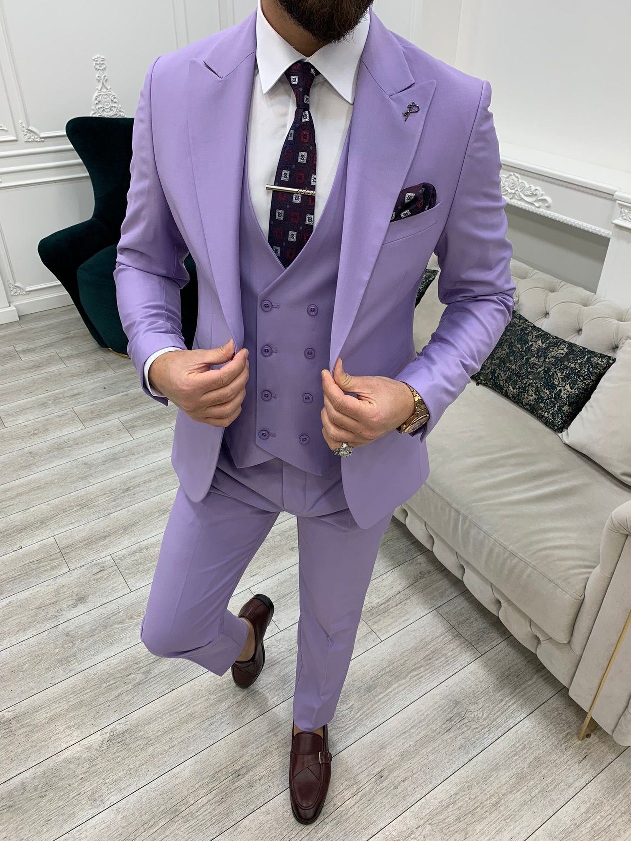 Slim Fit Takım Elbise Ceket Yelek Pantolon - Mor