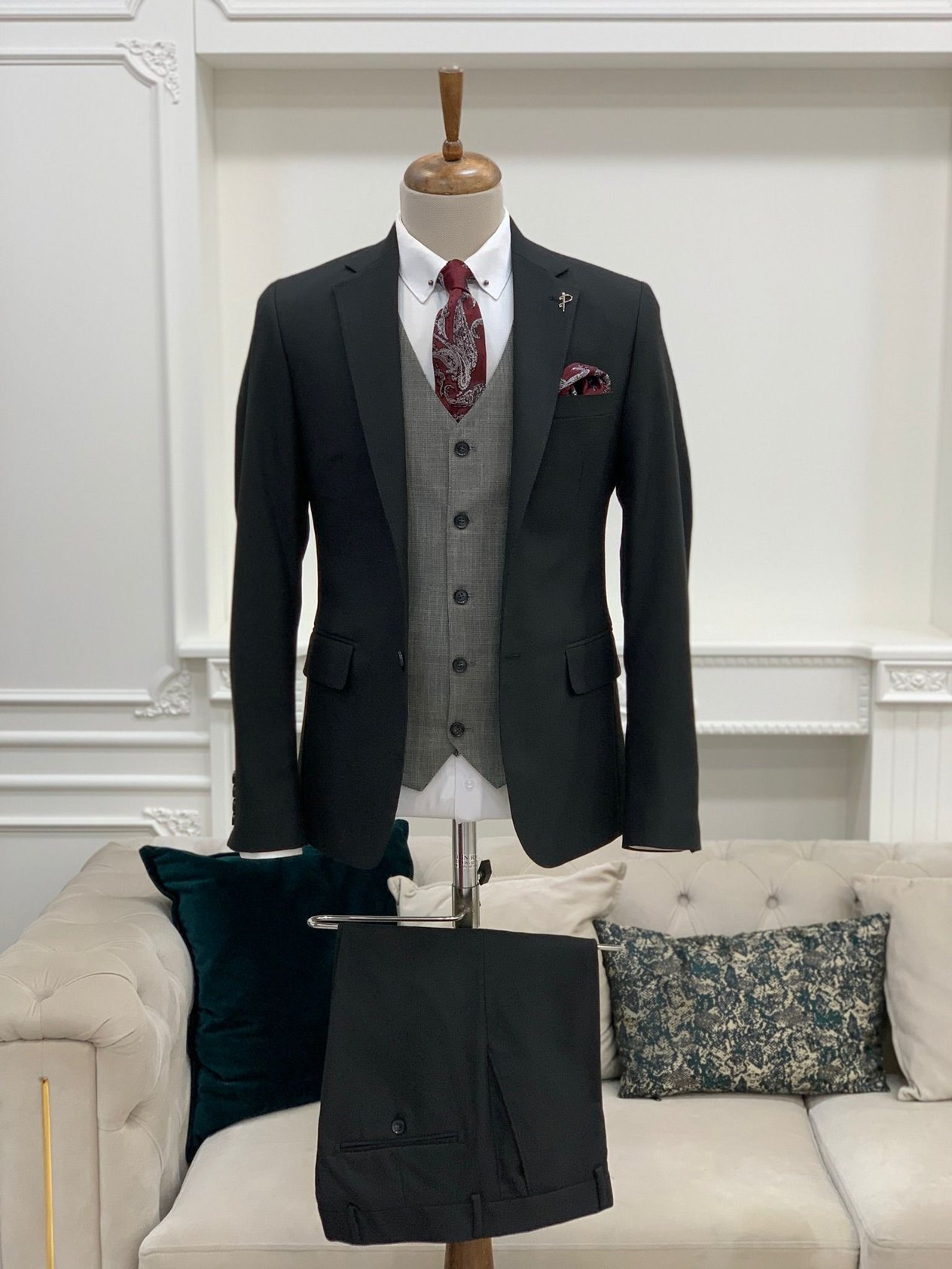 Takım Elbise Slim Fit Ceket Yelek Pantolon-Siyah