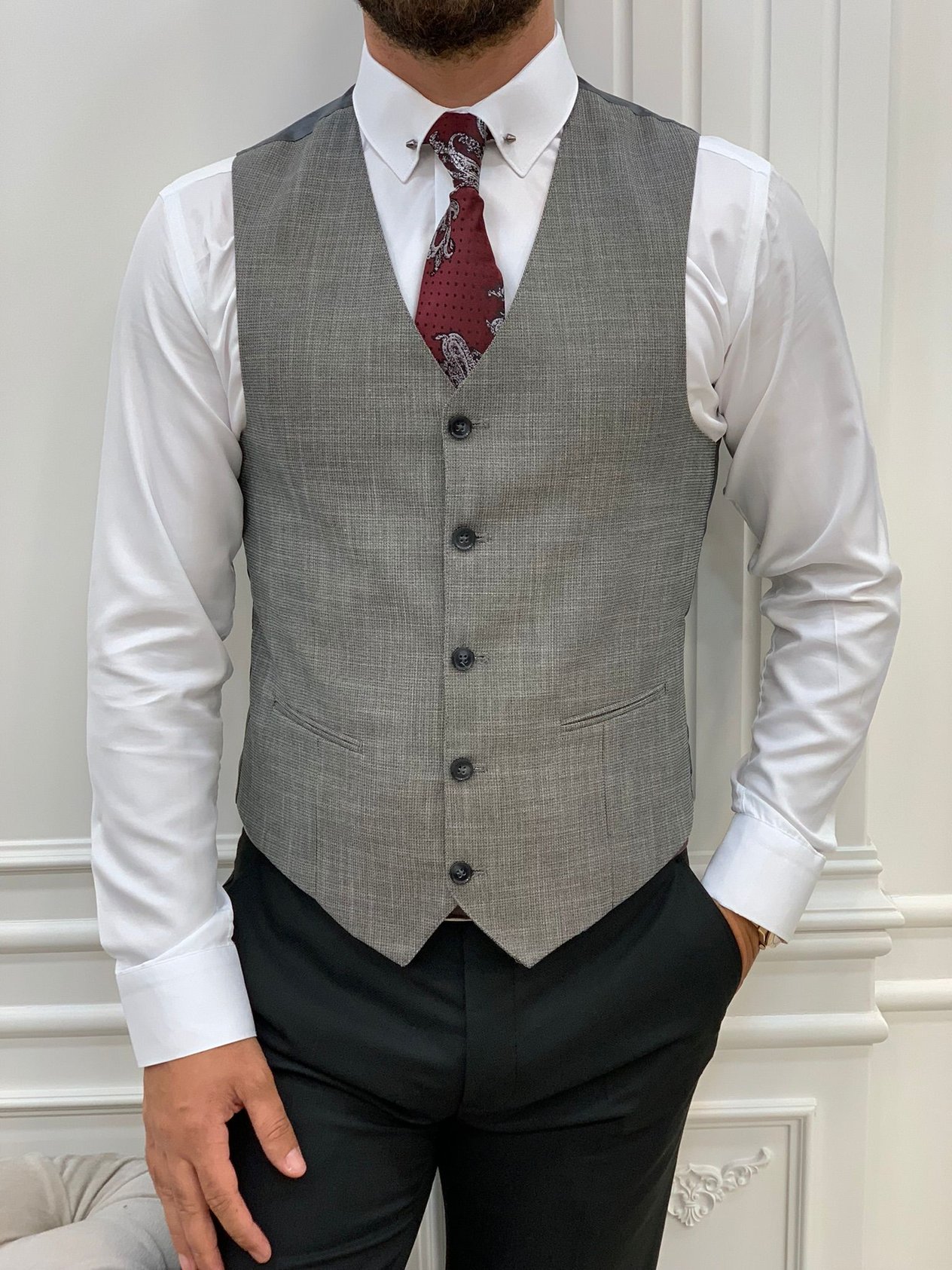 Takım Elbise Slim Fit Ceket Yelek Pantolon-Siyah