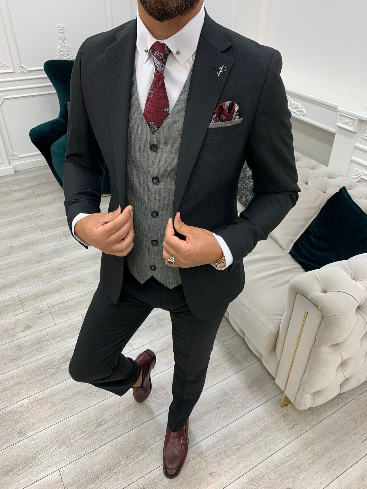 Takım Elbise Slim Fit Ceket Yelek Pantolon-Siyah