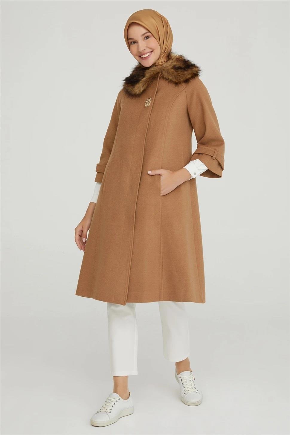Armine Trend Yakası Kürklü Kaşe Kaban 22KT790 22KT750 Camel