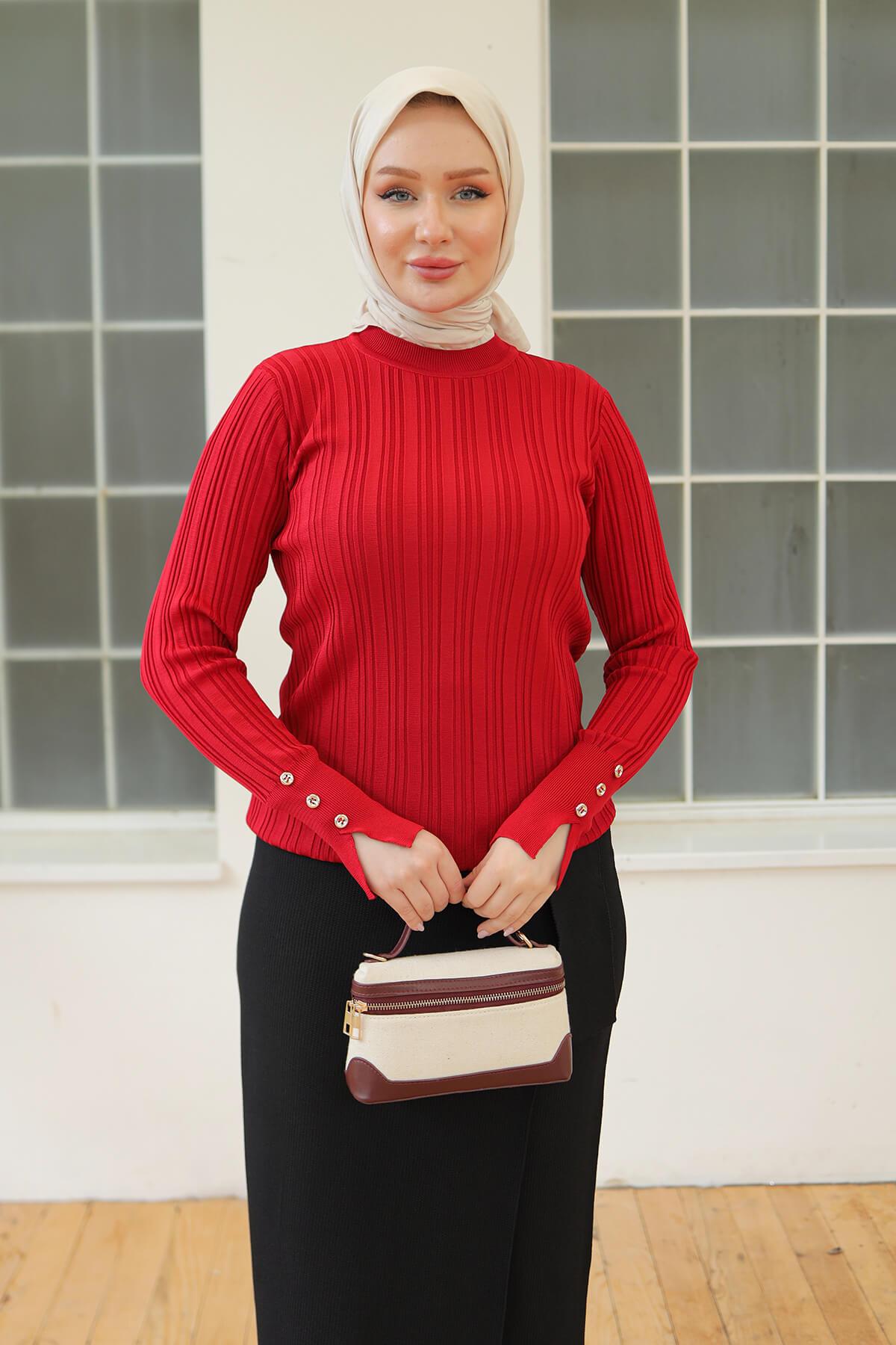 Armine TREND Bisiklet Yaka Düğme Detaylı Triko Bluz Kırmızı 24KTD301