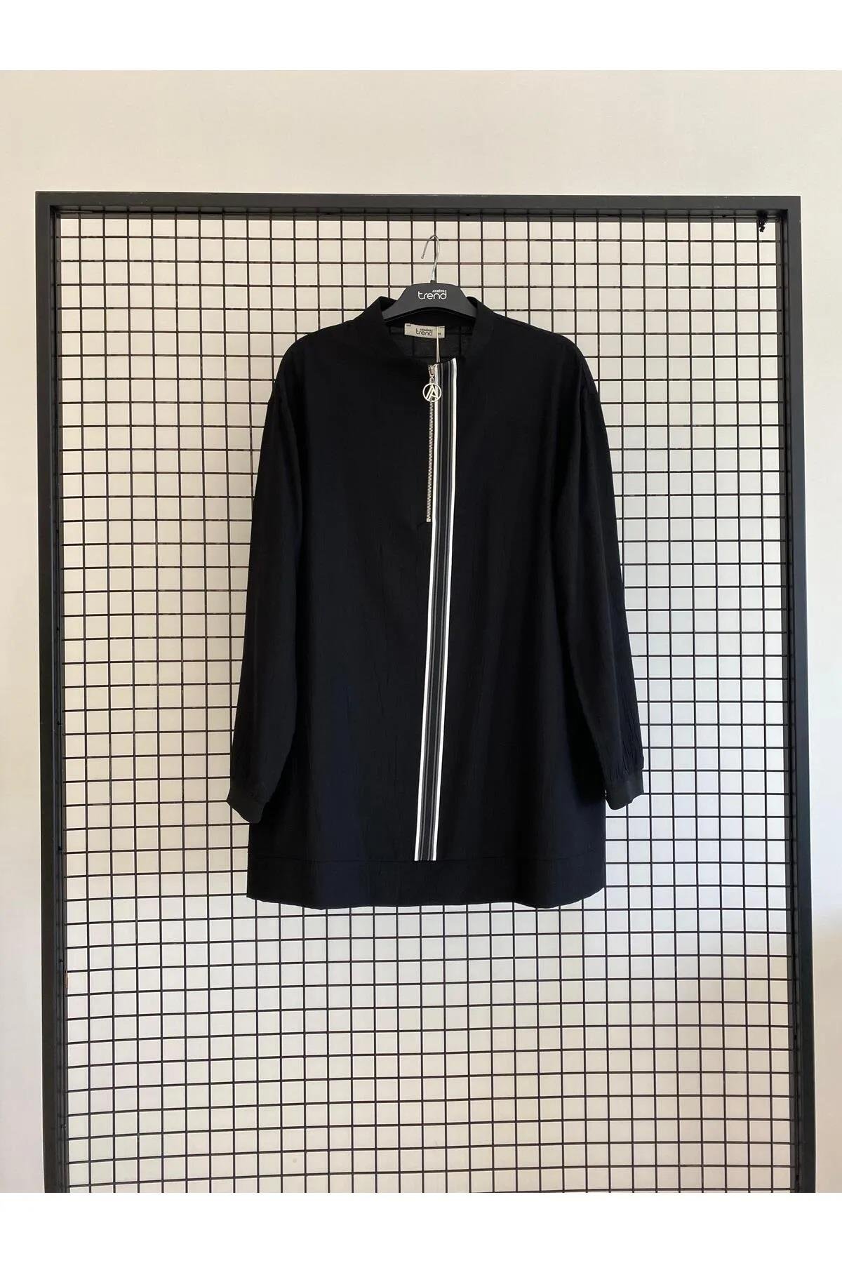 Armine TREND Fermuar Detaylı Çilek Kumaş Tunik Siyah 25YT4139